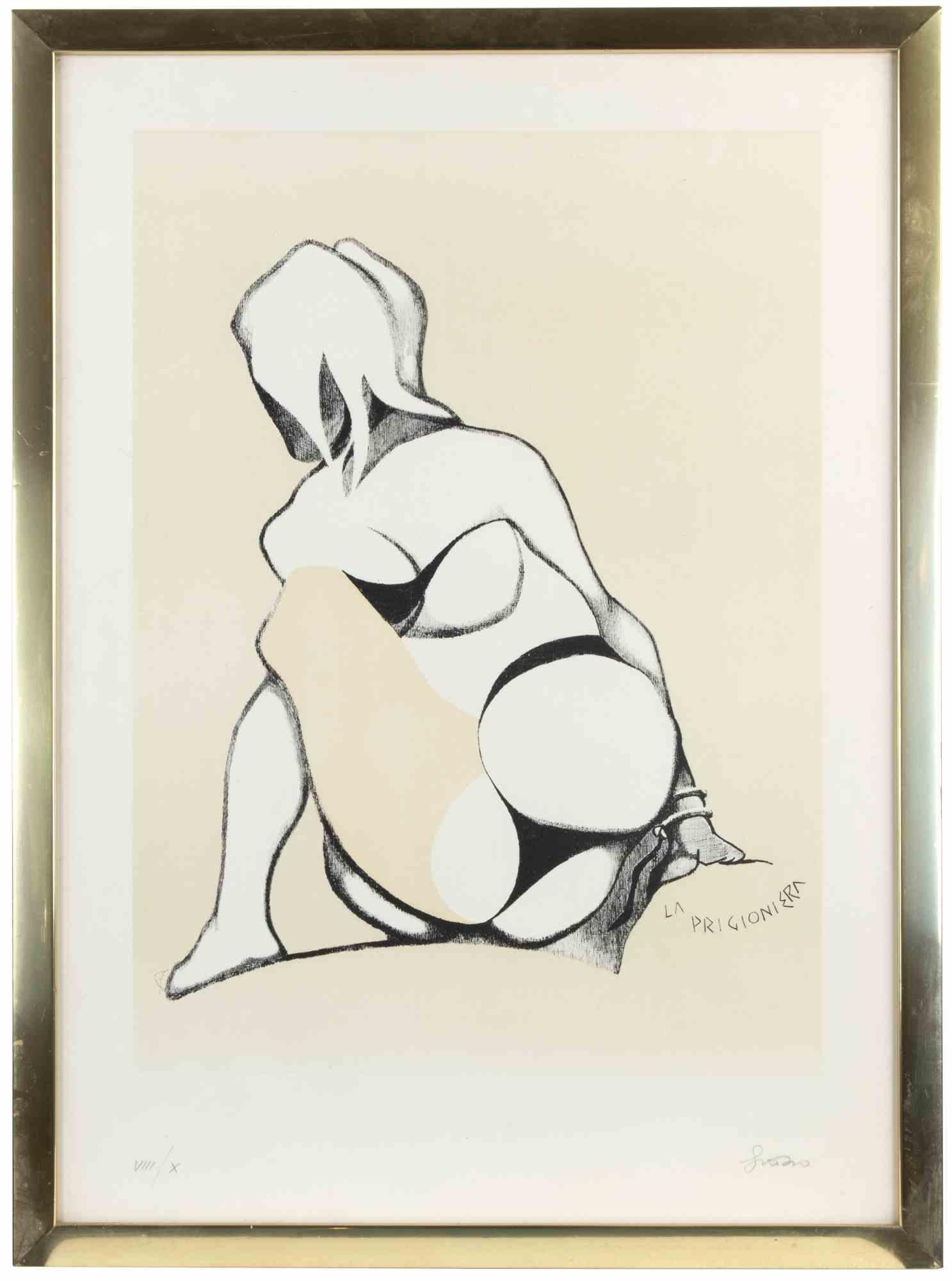 Prisoner is a contemporary artwork realized by Luigi Grosso.

Mixed colored lithograph.

Hand signed and numbered on the lower margin.

Edition of 7/10

Original titled "La prigioniera" as print on artwork.

Includes frame