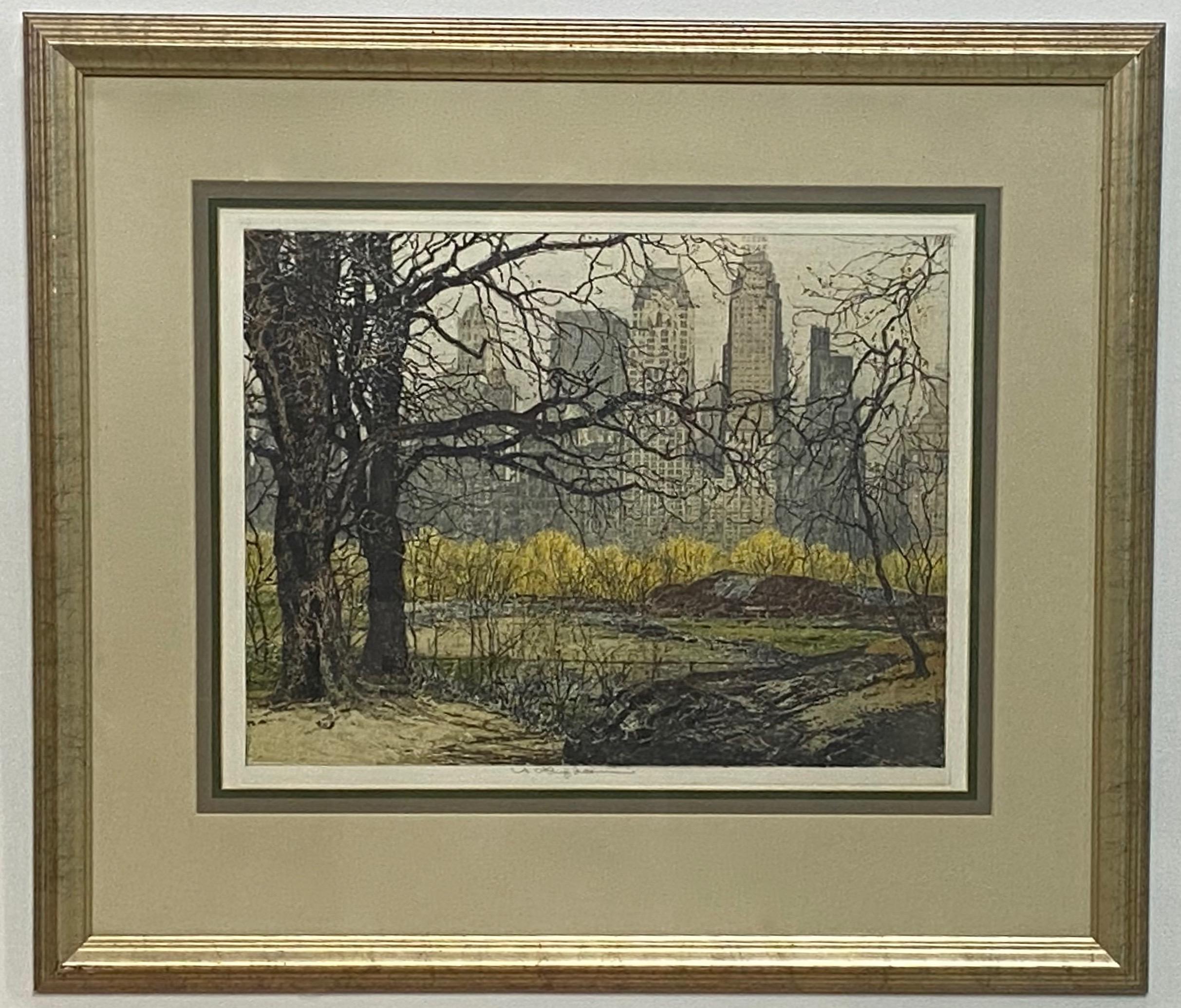 Luigi Kasimir (Austrian 1881-1962).
Hand tinted etching of New York City Manhattan skyline, signed lower right. Framed behind glass, in excellent condition.
First half of 20th century.

