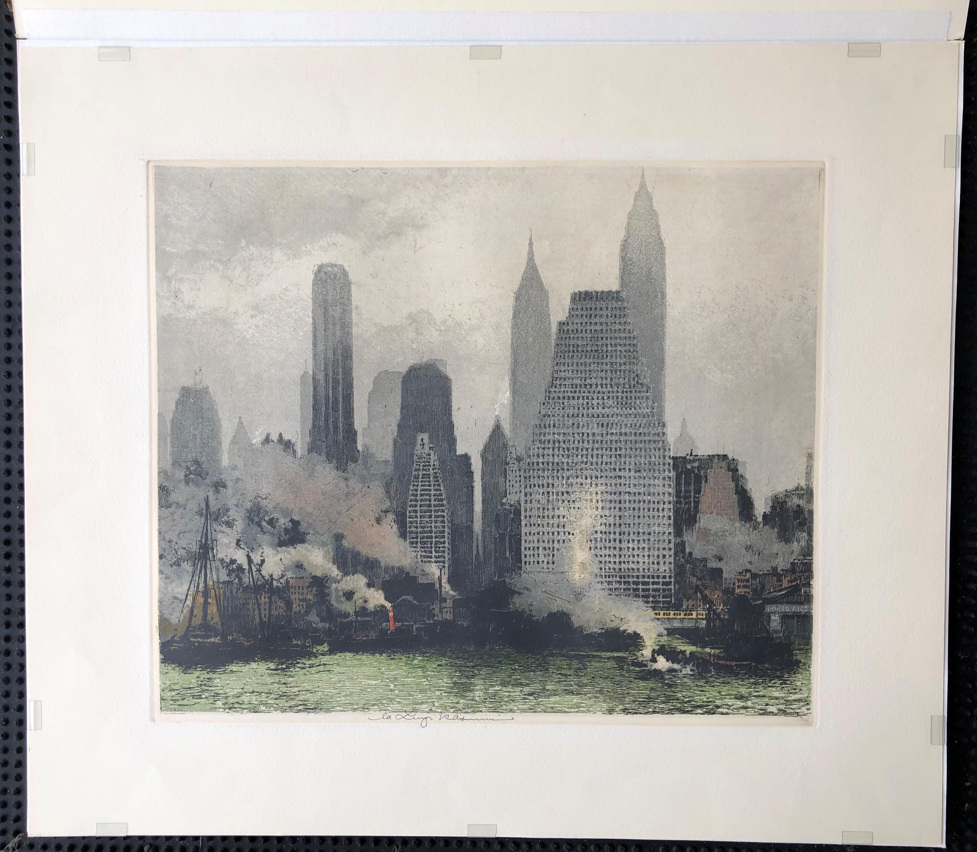 Luigi Kasimir, New York Fog and Mist, 1936.

One of Kasimir's best New York scenes. 

Estate signed.

Measures: Image is 12 3/8 H 14 7/8 W
Paper is 17 3/4 x 20 5/8