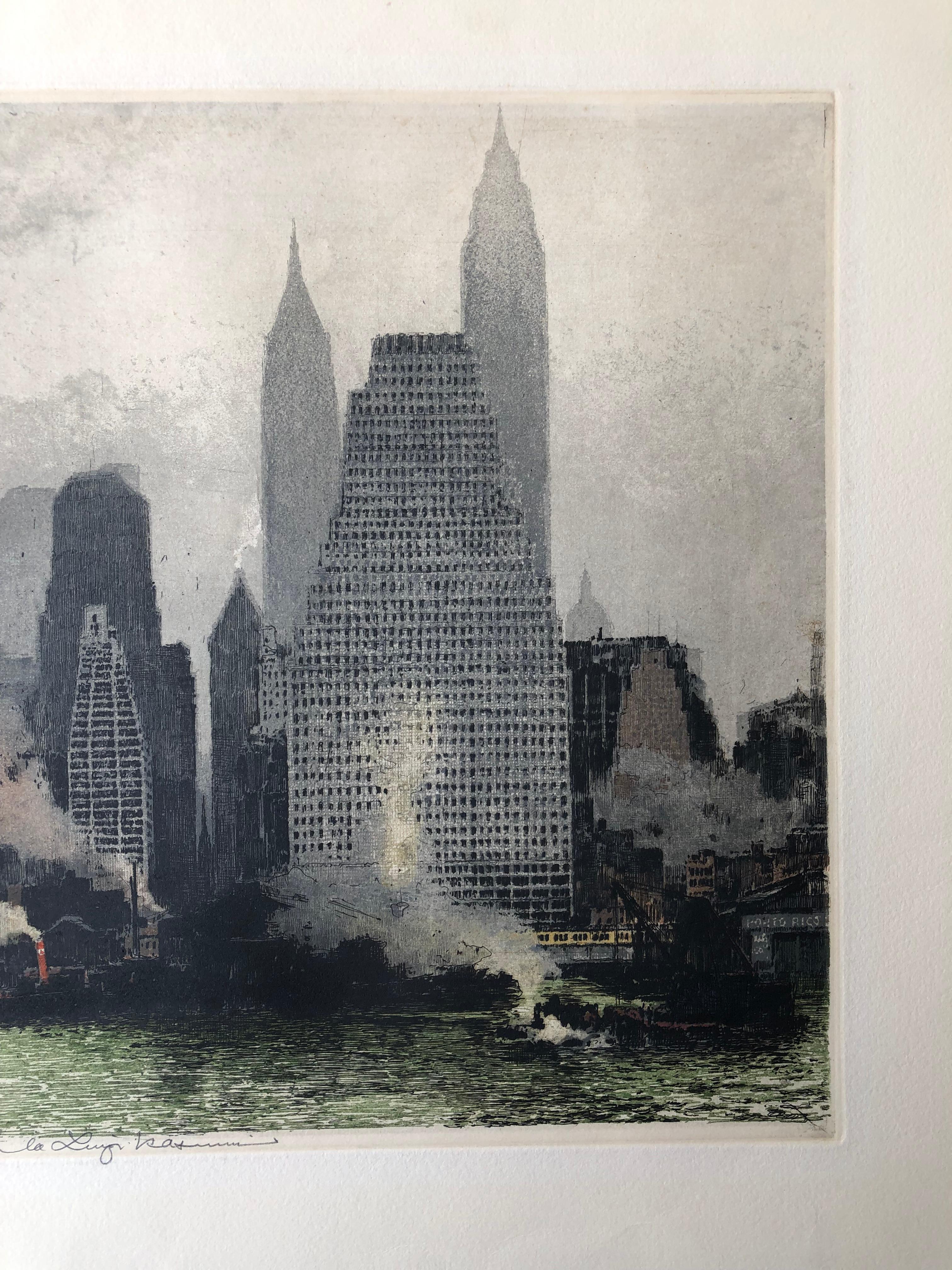 Luigi Kasimir, New York Fog and Mist, 1936, Skyline, Estate Signed, Etching In Good Condition For Sale In Seattle, WA