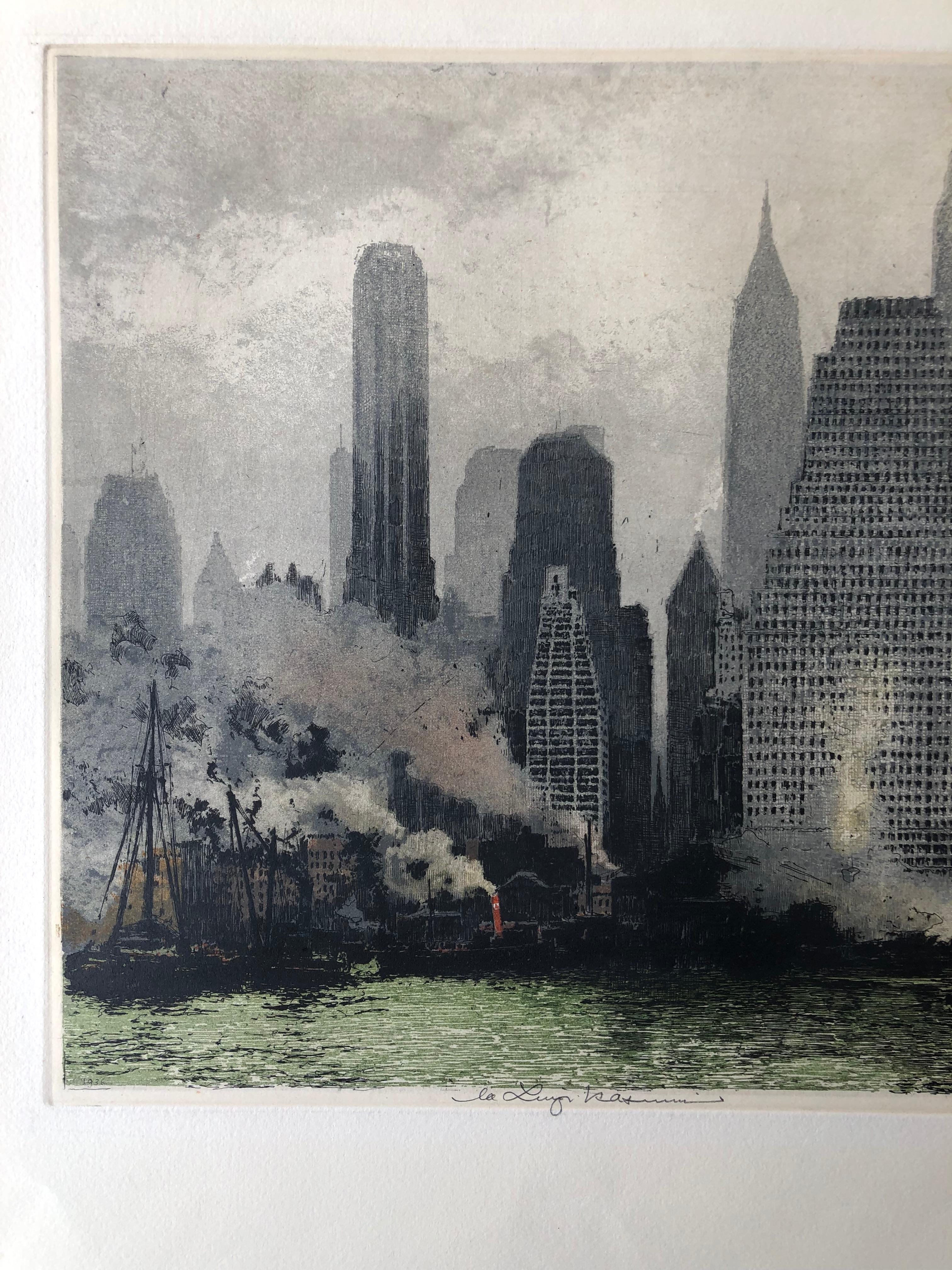 Mid-20th Century Luigi Kasimir, New York Fog and Mist, 1936, Skyline, Estate Signed, Etching For Sale
