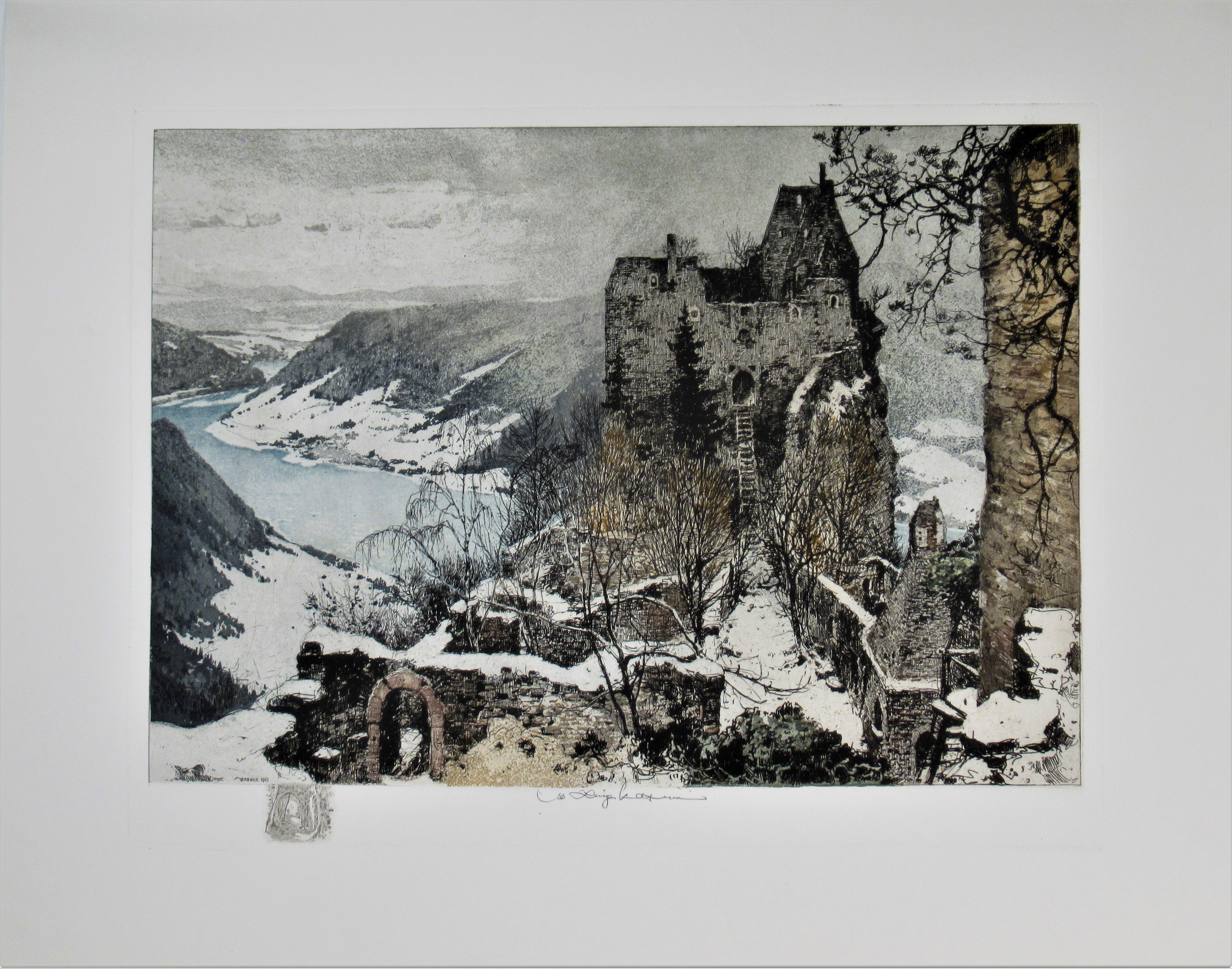Luigi Kasimir Figurative Print - Aggstein Castle on the Danube