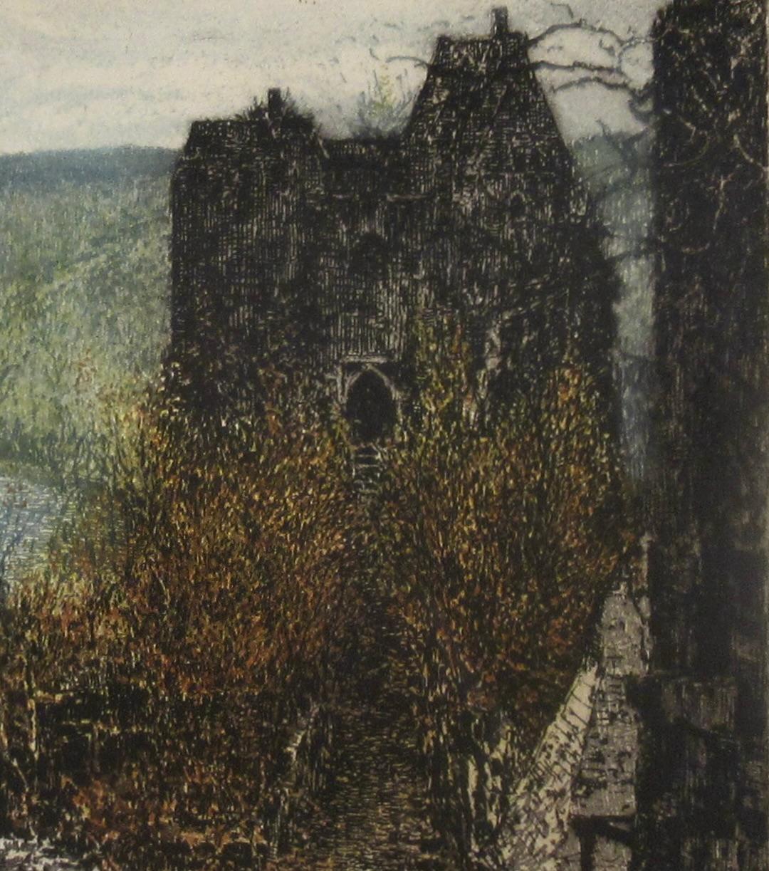 Aggstein Castle on the Danube - Brown Figurative Print by Luigi Kasimir