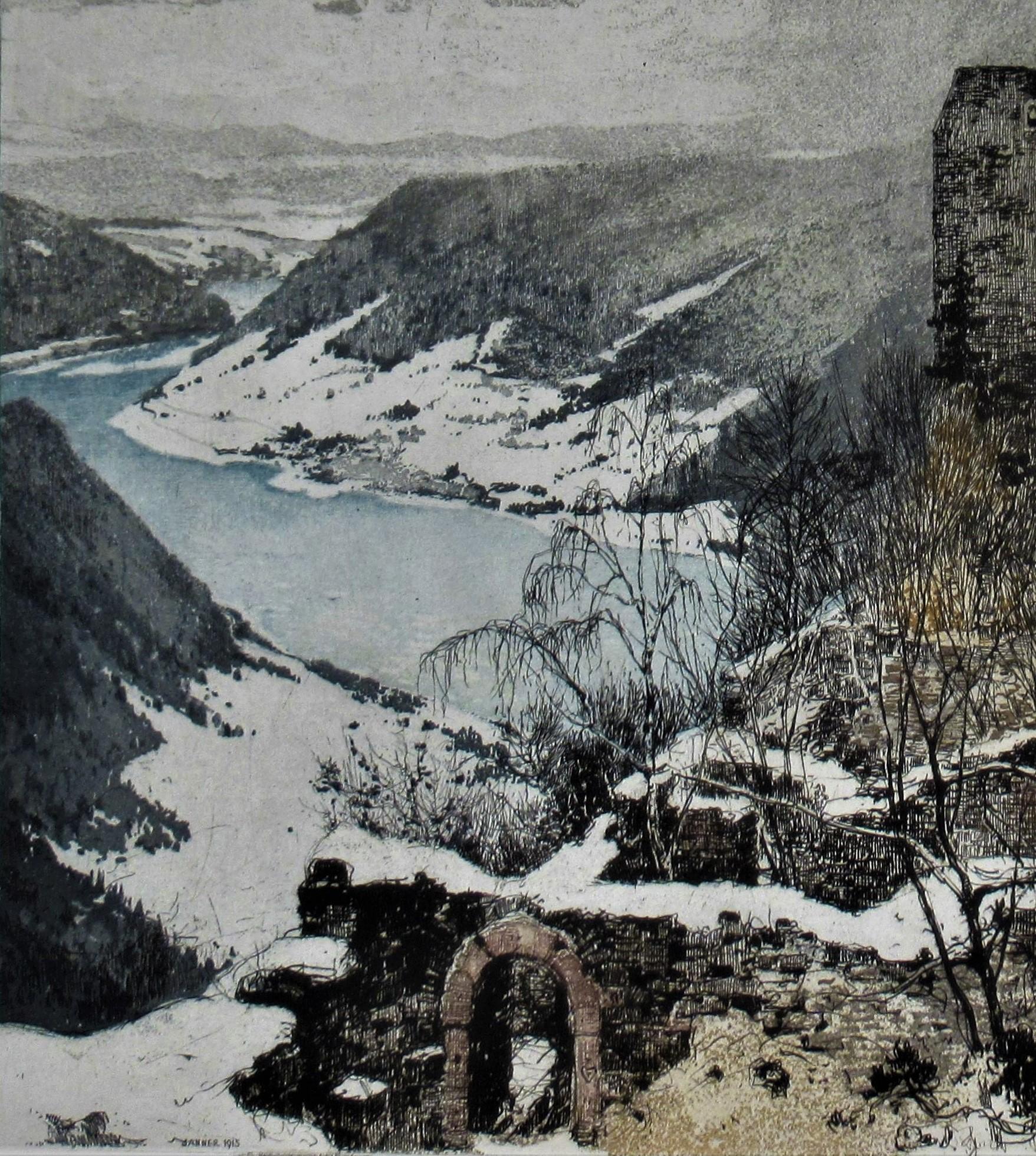 Aggstein Castle on the Danube - Realist Print by Luigi Kasimir