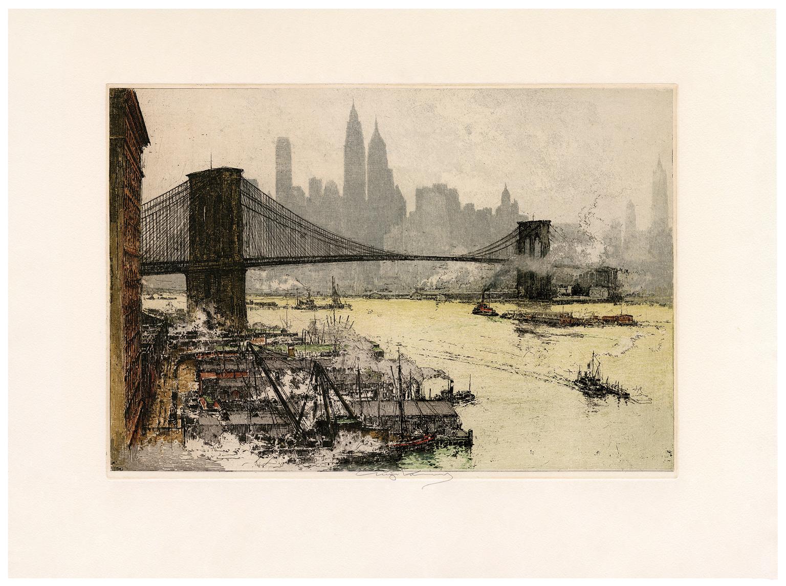 'Brooklyn Bridge' — 1920s view of an iconic New York City landmark - Print by Luigi Kasimir