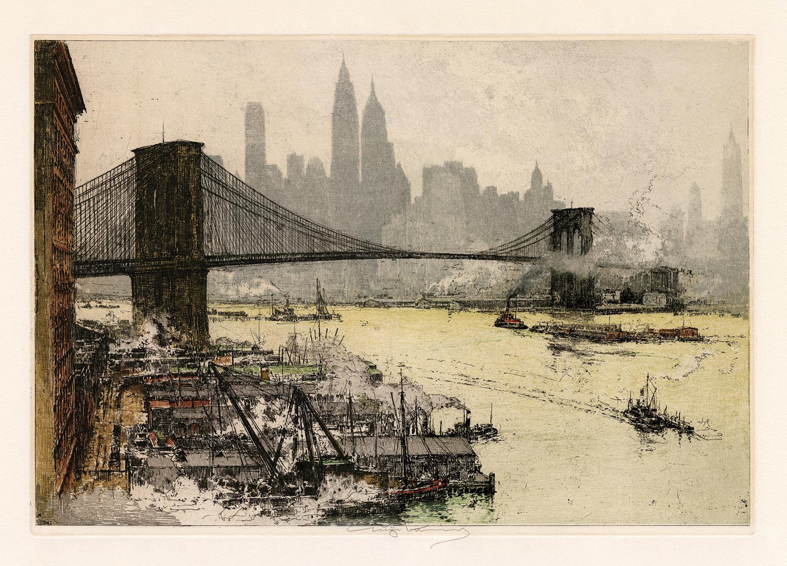 Figurative Print Luigi Kasimir - Pont de Brooklyn" - Vue de l'emblème de la ville de New York dans les années 1920