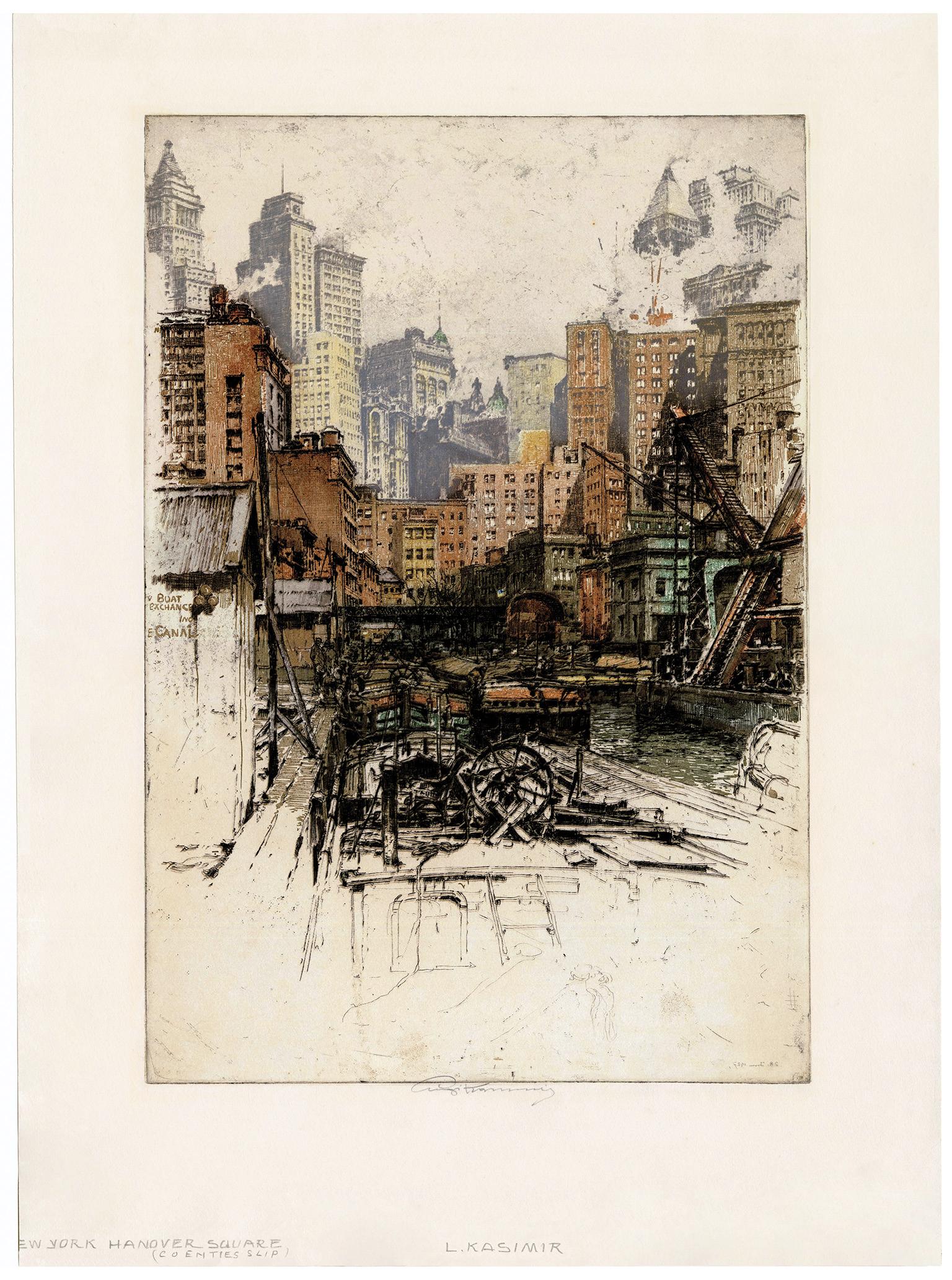 'Coenties Slip' — 1920s Lower Manhattan, Financial District - Print by Luigi Kasimir