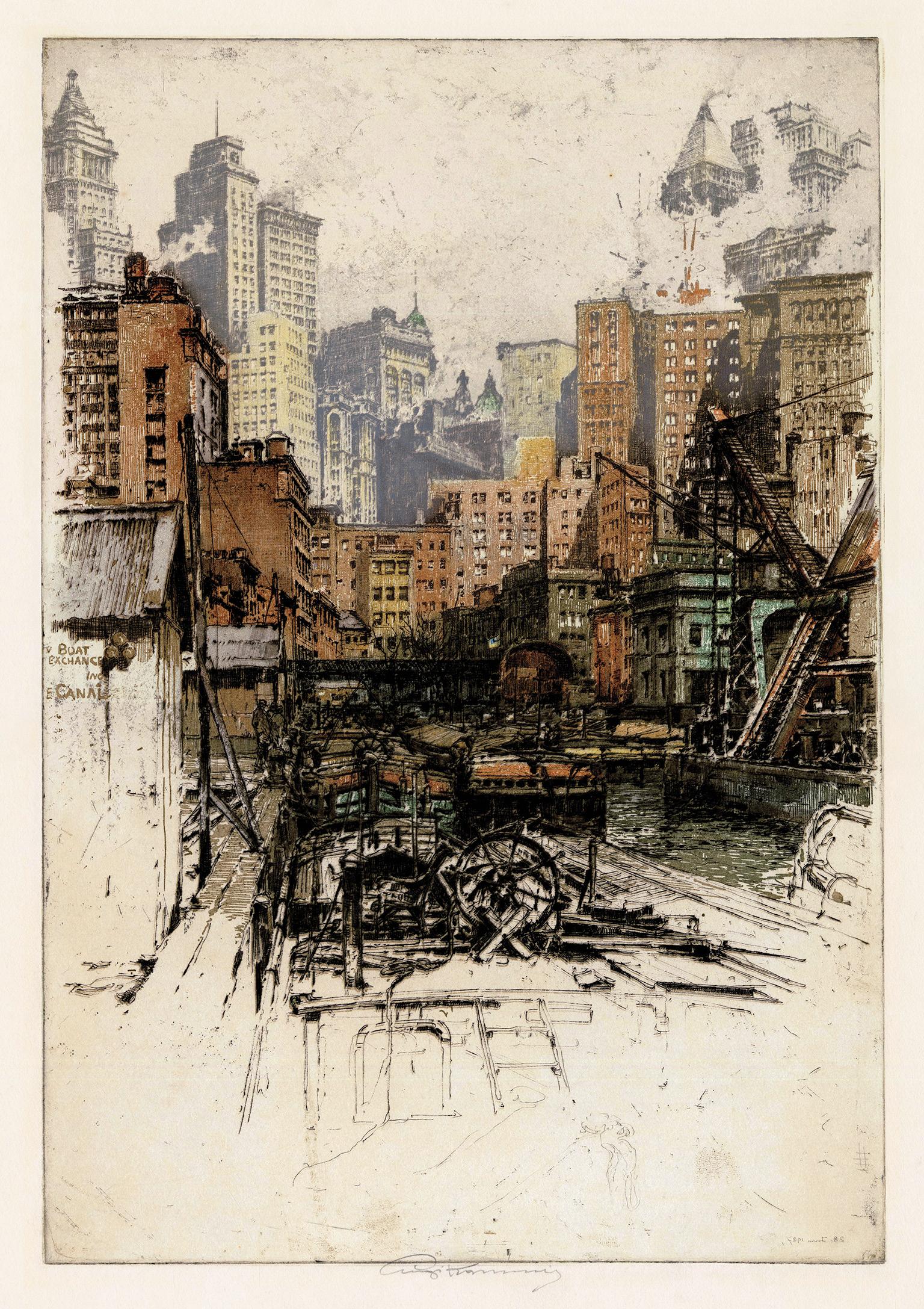 Luigi Kasimir Landscape Print - 'Coenties Slip' — 1920s Lower Manhattan, Financial District
