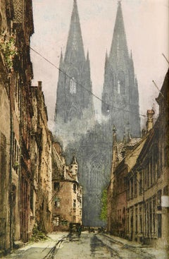 Eau-forte en couleur signée de la cathédrale de Cologne, Allemagne - Scène de rue allemande