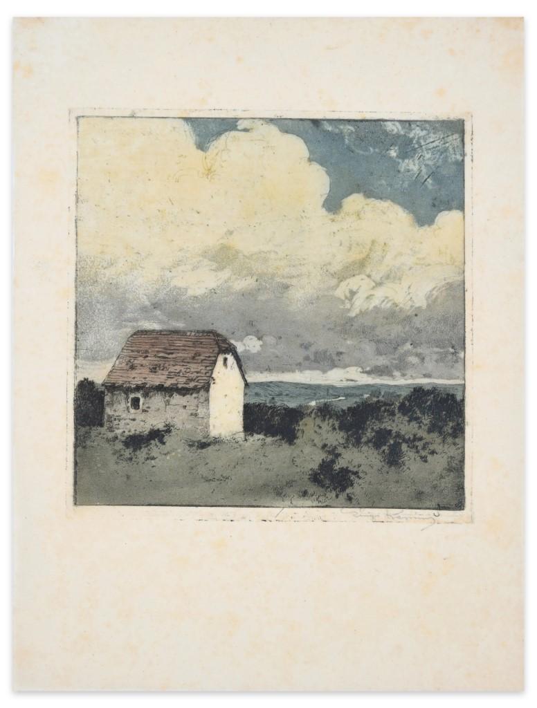 Cabaña en el campo es una espléndida estampa en técnica de aguafuerte coloreado grabada por Luigi Kasimir (1881-1962).

El estado de conservación de las obras de arte es excelente.

Dimensión de la hoja:  25,5 x 19 cm
Dimensiones de la imagen: 15 x