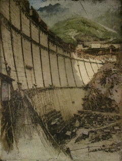 "Dam Construction" Rare large colors etching.