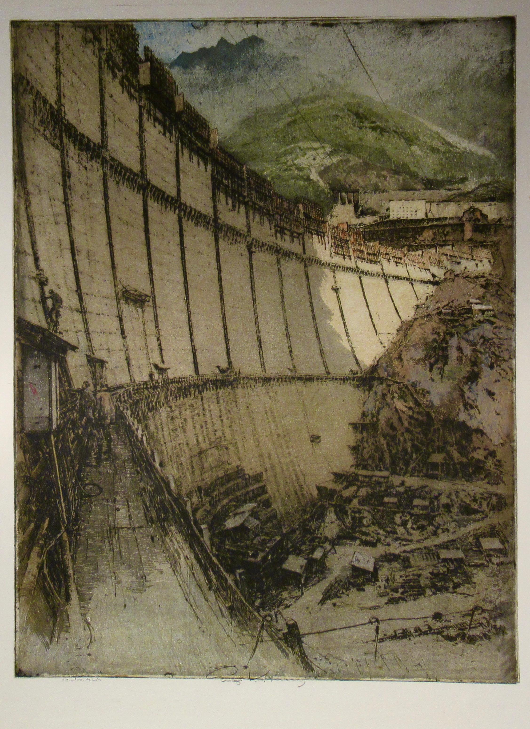 Landscape Print Luigi Kasimir - "Dam Construction" Rare grande gravure en couleurs rare.