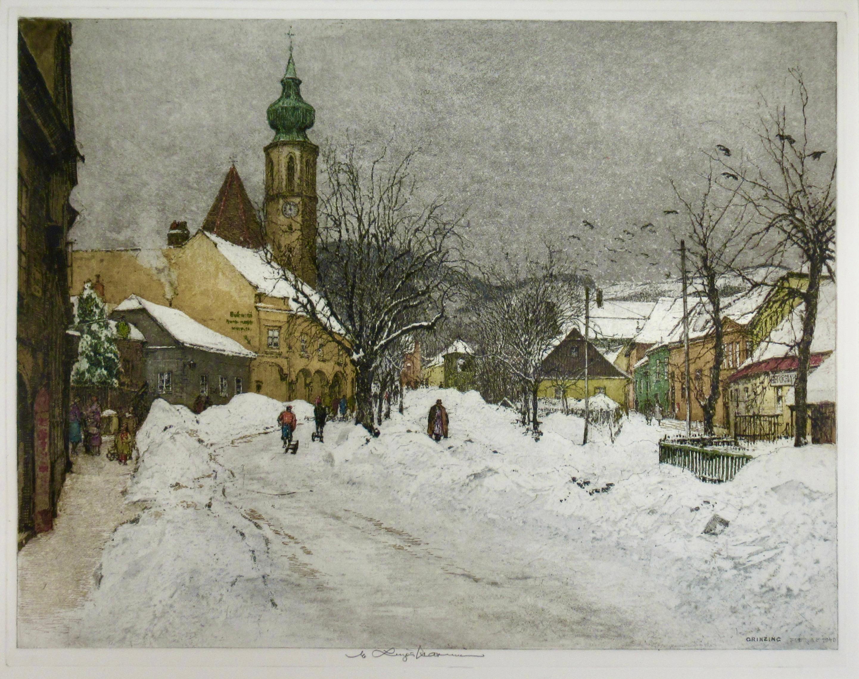 Grinzing, Snow Scene, Austria, large color etching - Print by Luigi Kasimir