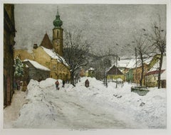 Grinzing, Snow Scene, Austria, large color etching