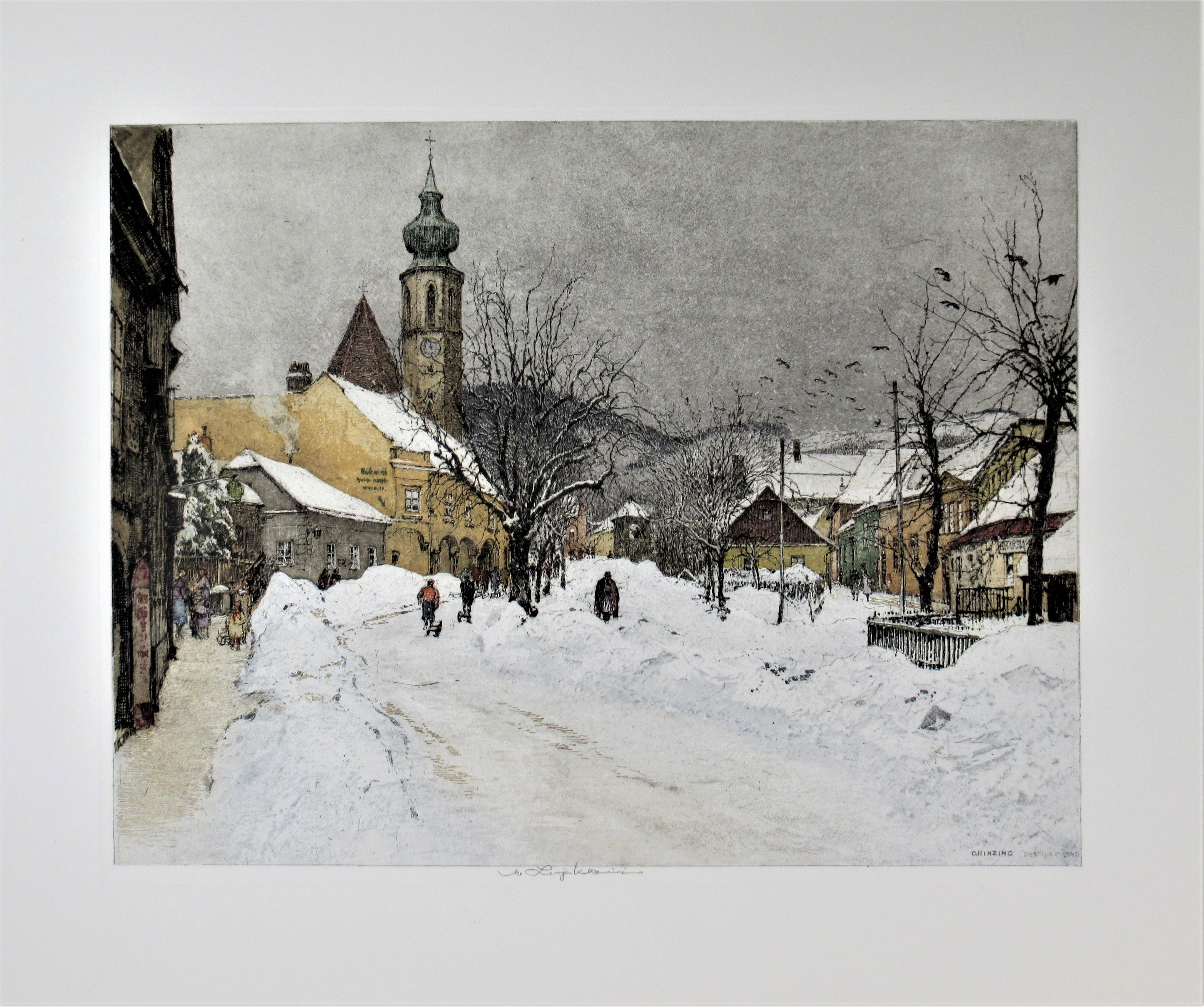 Luigi Kasimir Landscape Print - Grinzing Snow Scene, Austria, large color etching