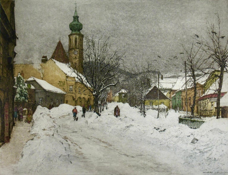 Luigi Kasimir エッチング 版画 冬の風景画 額装ルイジ・カシミール Luigi Kasimir - Grinzing, Snow Scene, Austria, large color etching