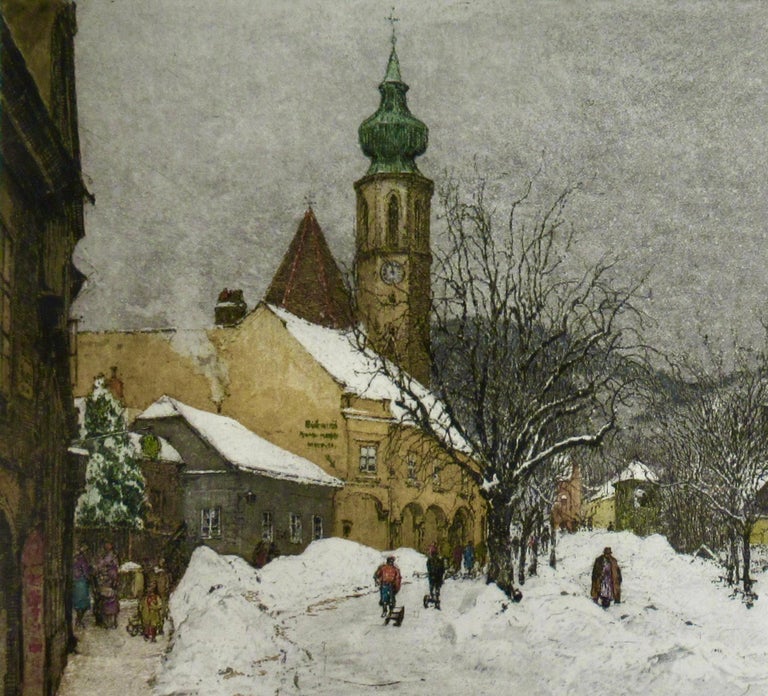 Luigi Kasimir - Grinzing, Snow Scene, Austria, large color etching