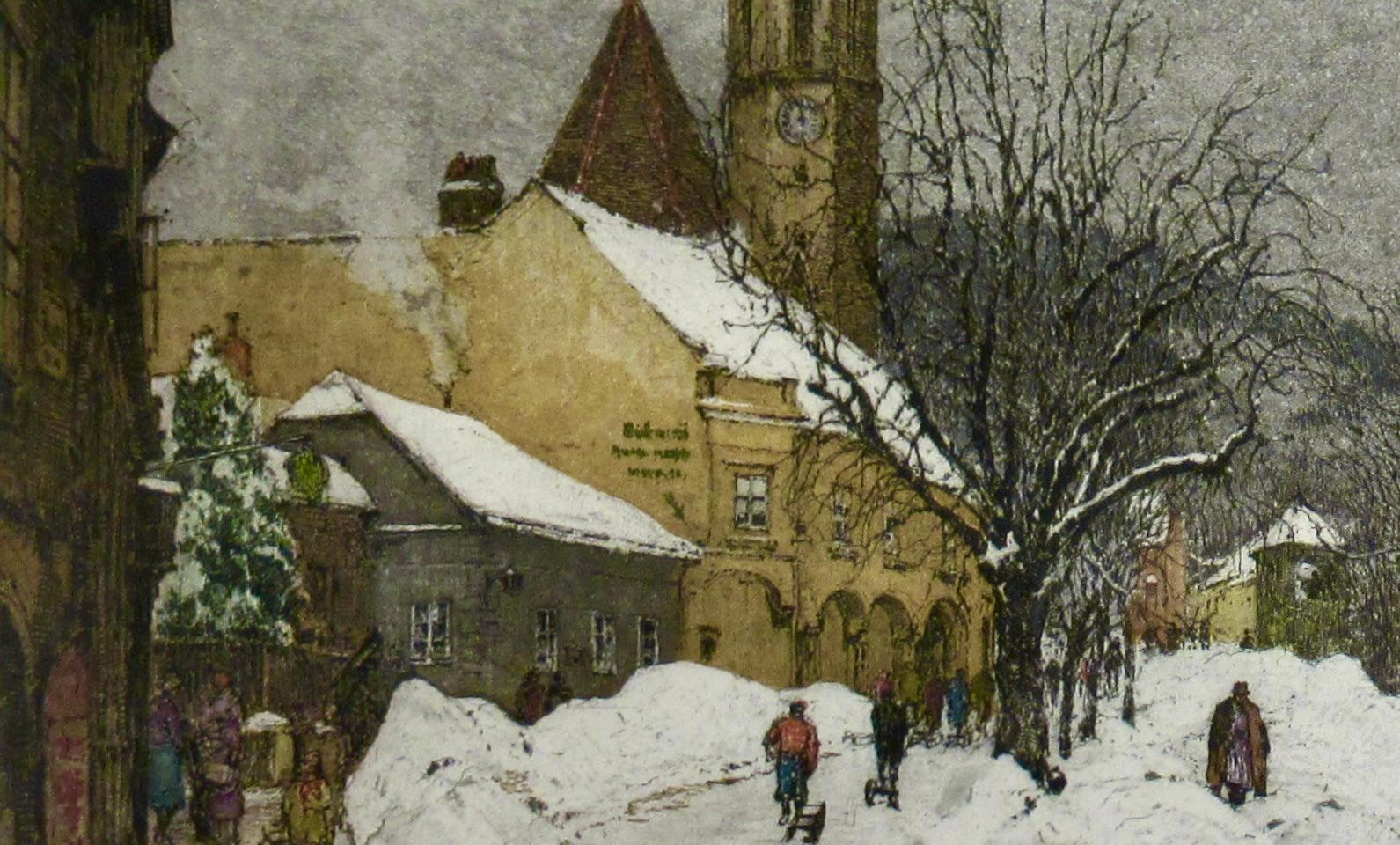Grinzing, Snow Scene, Austria, large color etching - Realist Print by Luigi Kasimir