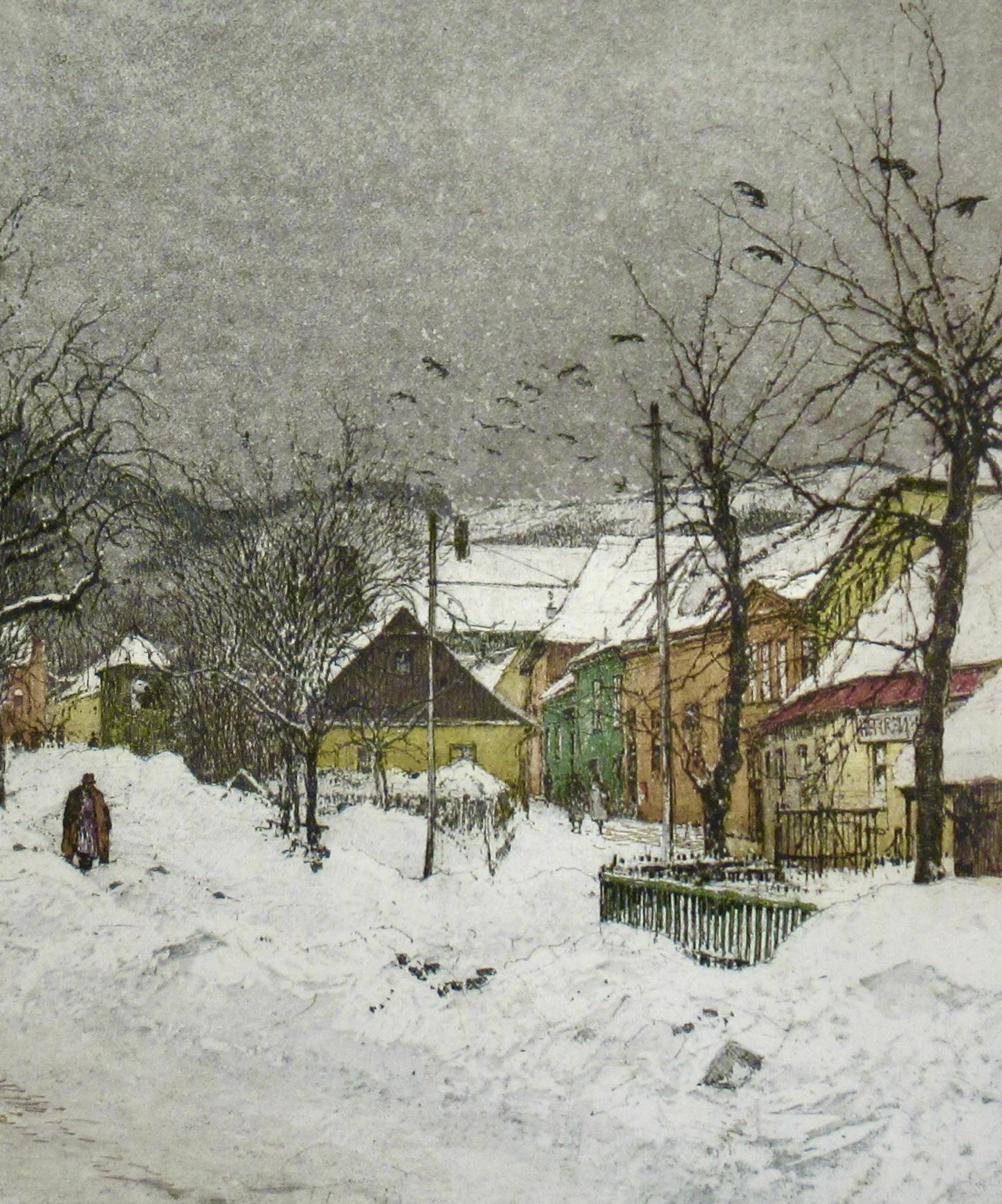 Grinzing, Snow Scene, Austria, large color etching - Gray Landscape Print by Luigi Kasimir