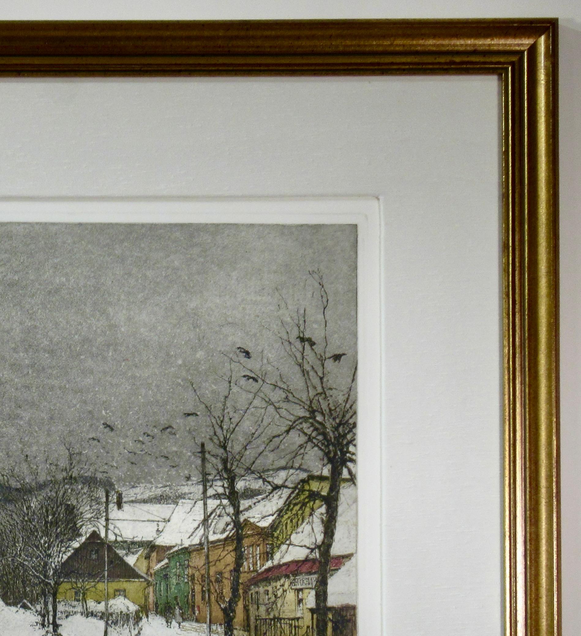 Grinzing, Snow Scene, Austria, large color etching For Sale 2
