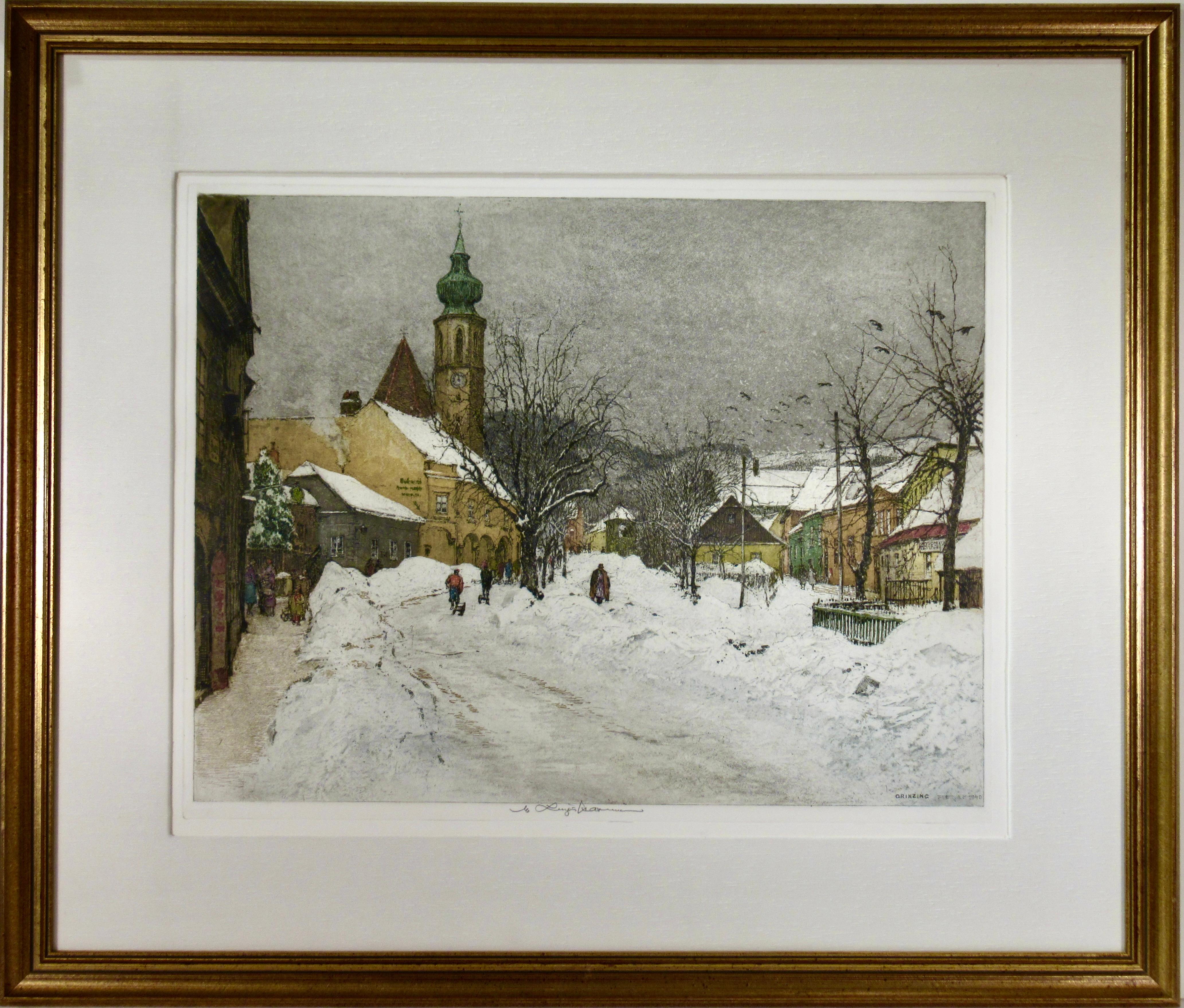 Luigi Kasimir Landscape Print - Grinzing, Snow Scene, Austria, large color etching