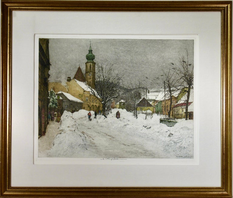 Luigi Kasimir エッチング 版画 冬の風景画 額装ルイジ・カシミール Luigi Kasimir - Grinzing, Snow Scene, Austria, large color etching