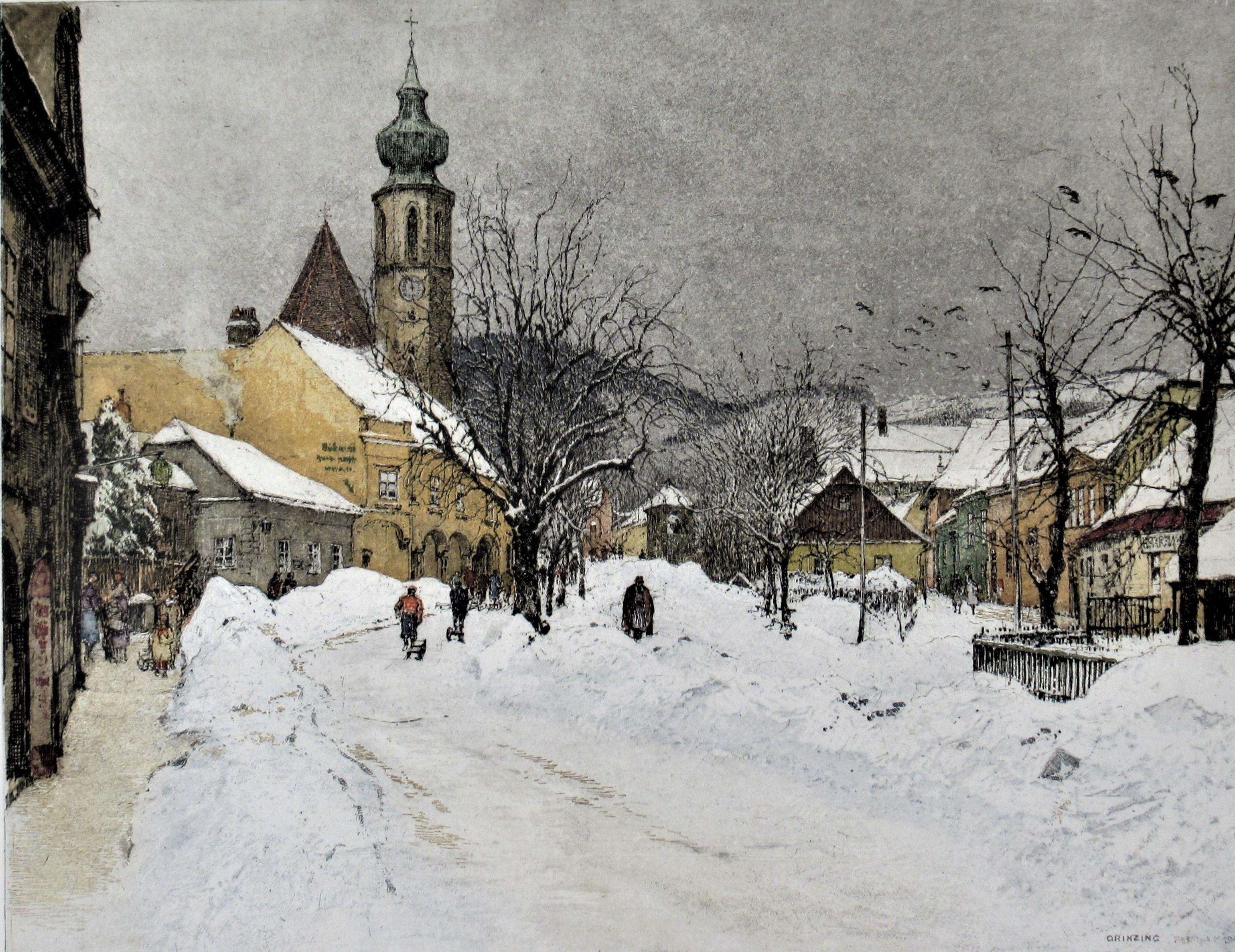 Grinzing Snow Scene, Austria, large color etching - Print by Luigi Kasimir