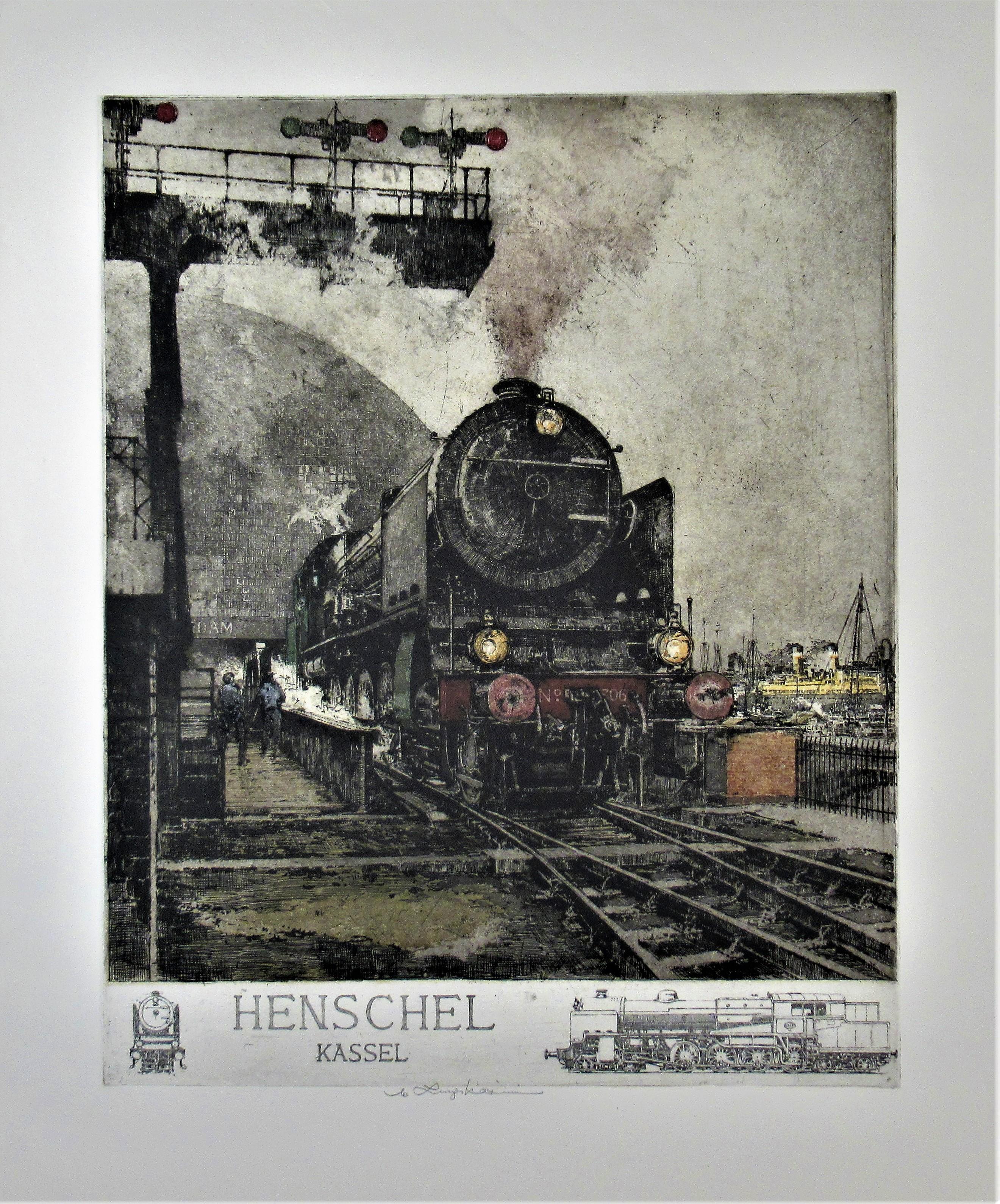 Luigi Kasimir Figurative Print - Henschel Kassel, Locomotive, large color etching