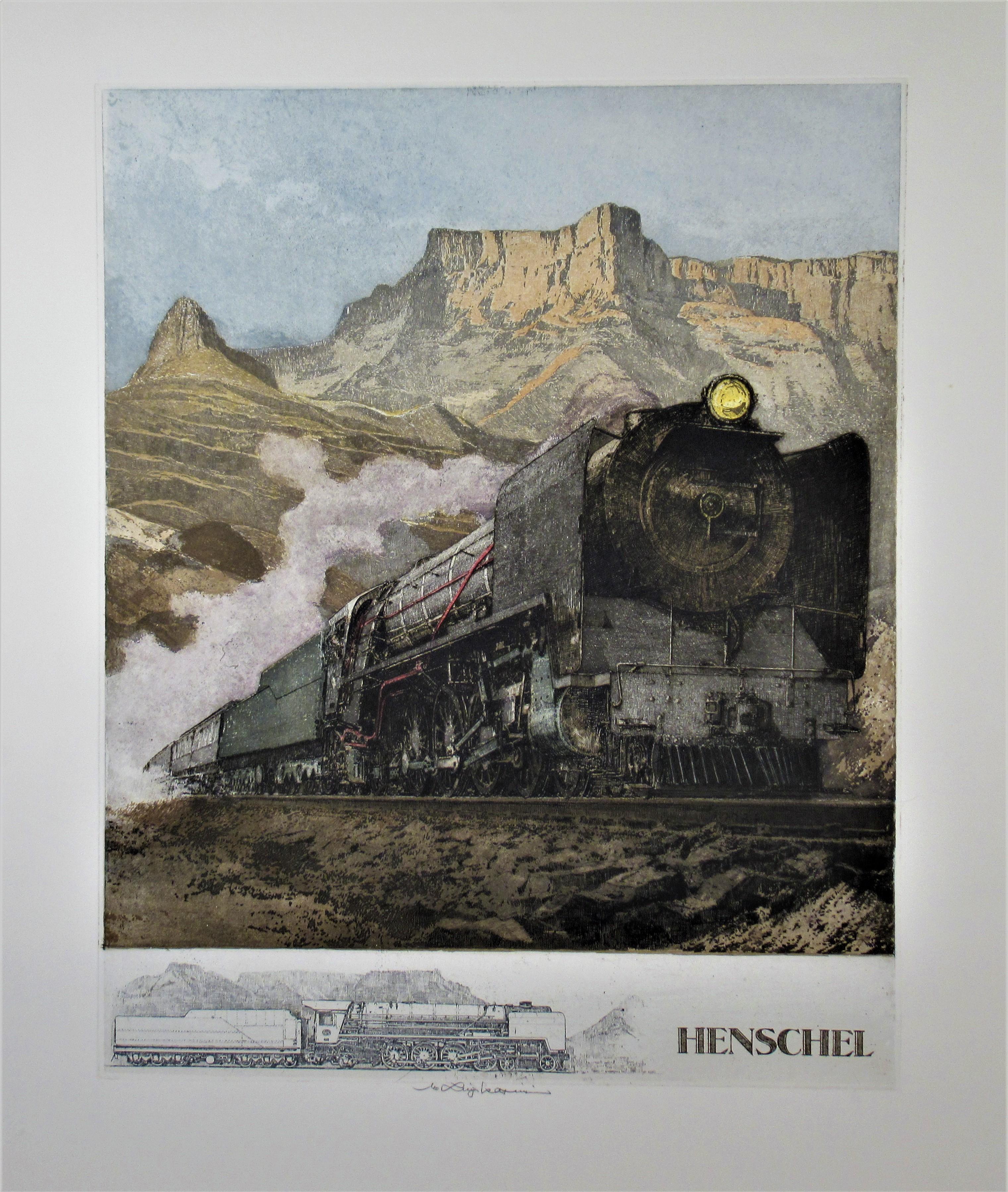 Luigi Kasimir Figurative Print - Henschel Locomotive, large color etching