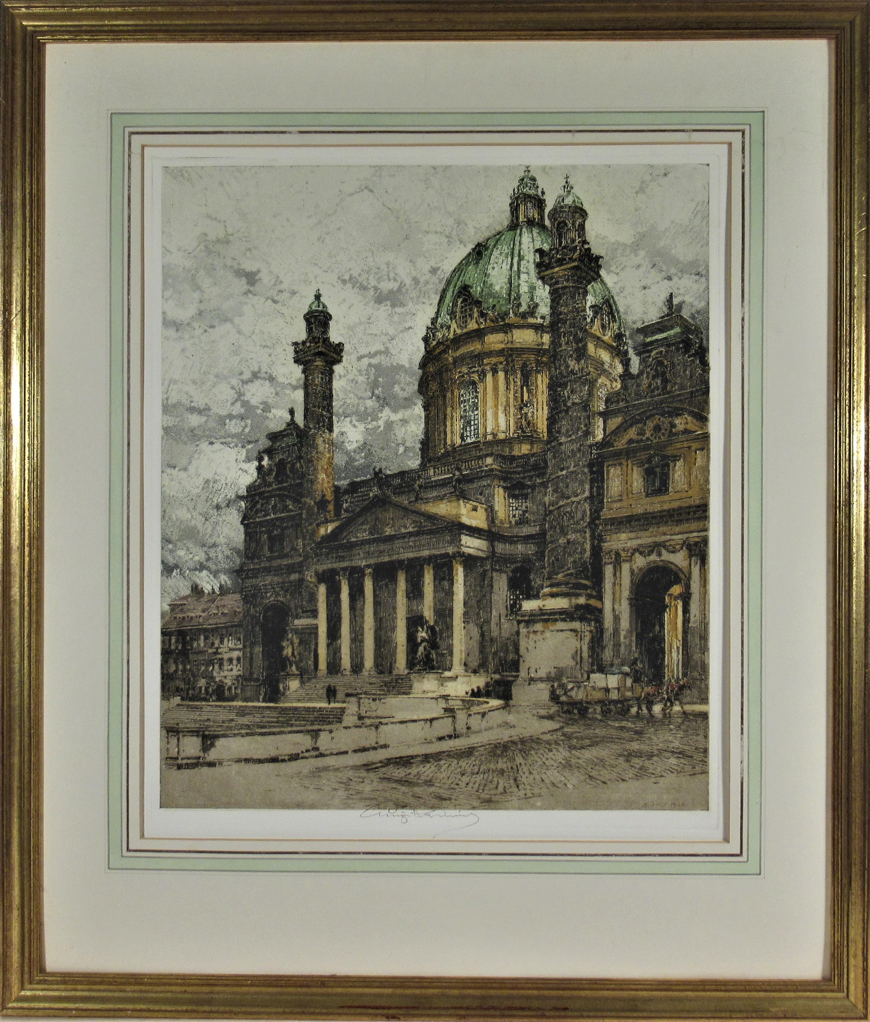 Luigi Kasimir Figurative Print – Karlskinche, Wien