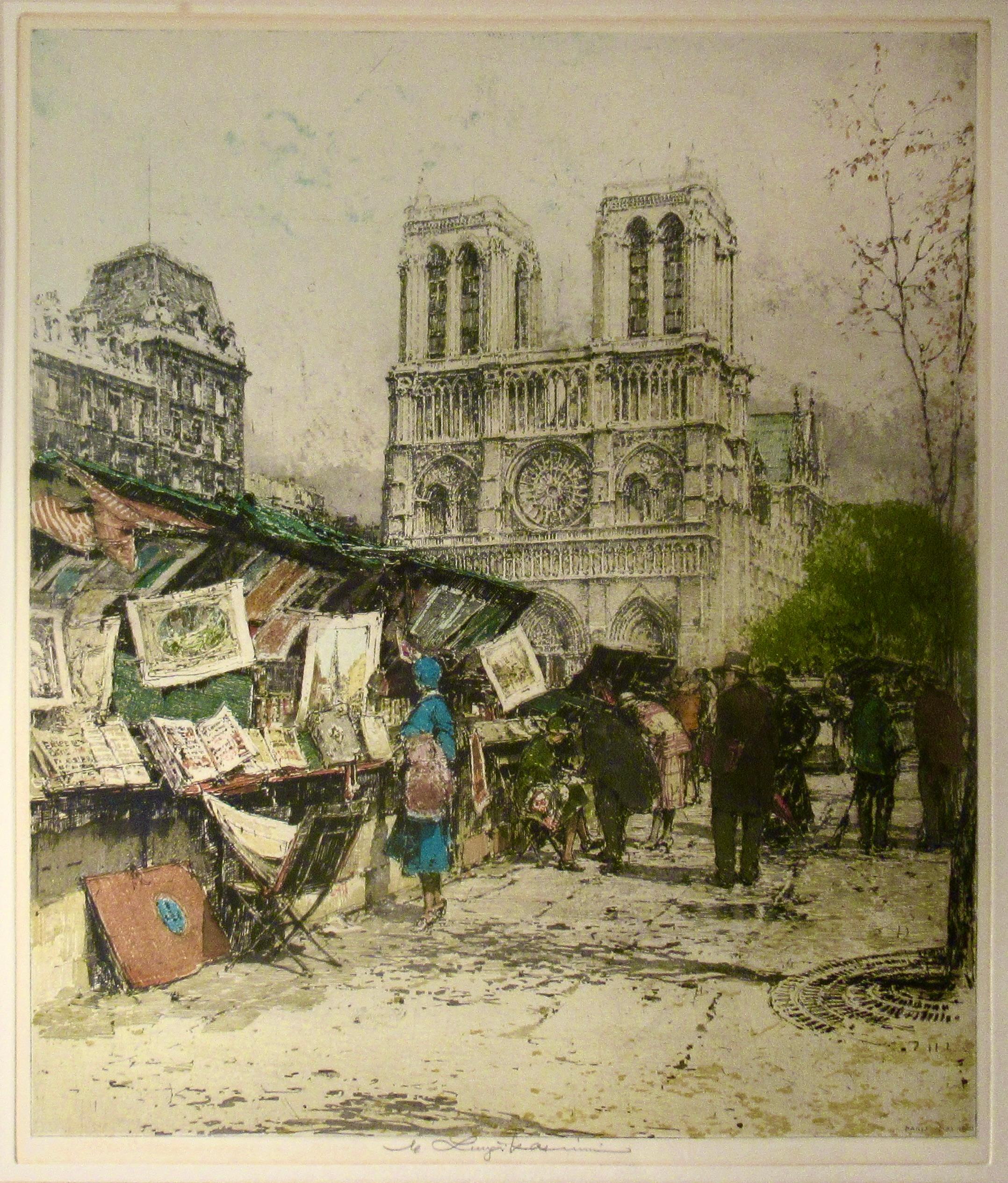 Les bouquinistes, with Notre Dame de Paris - Print by Luigi Kasimir