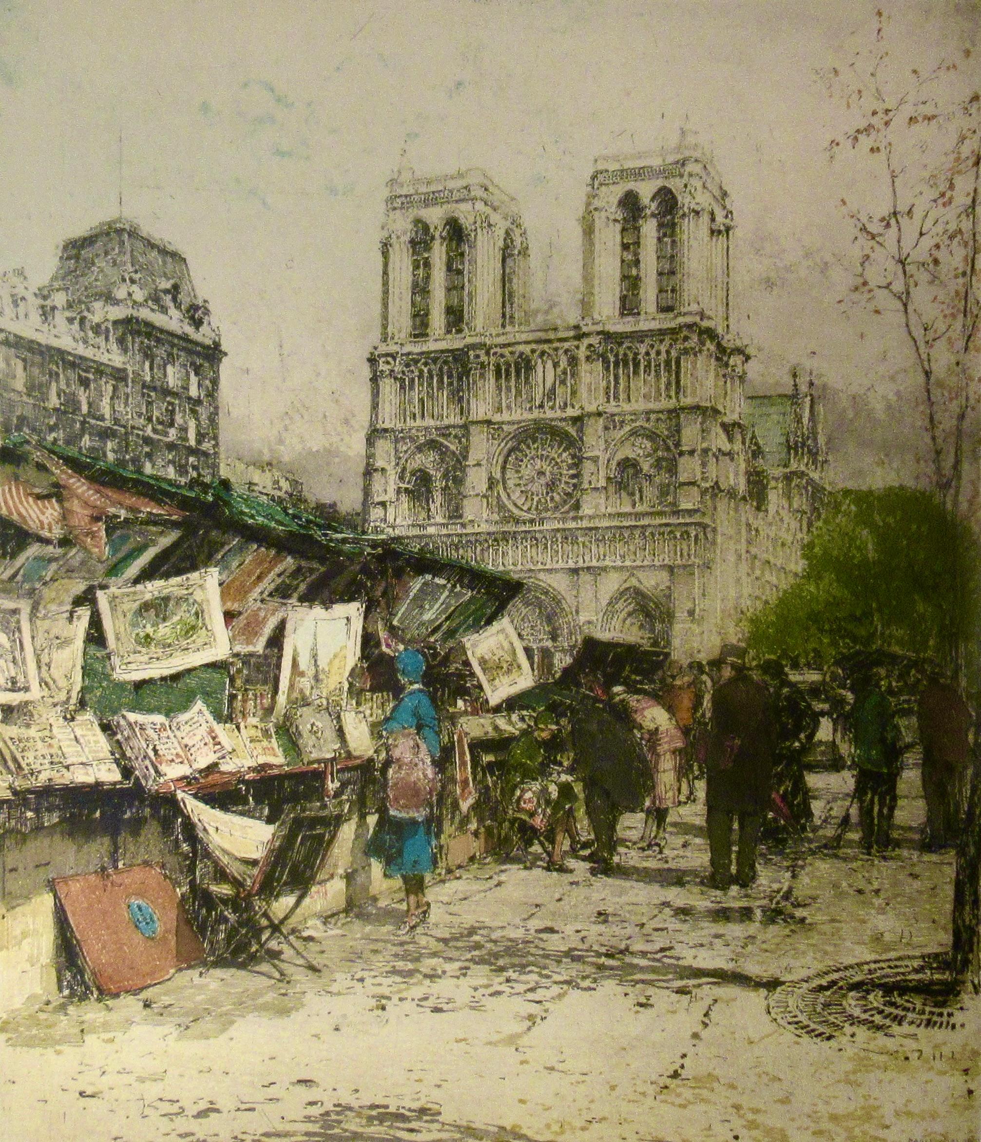 Les bouquinistes, with Notre Dame de Paris - Realist Print by Luigi Kasimir
