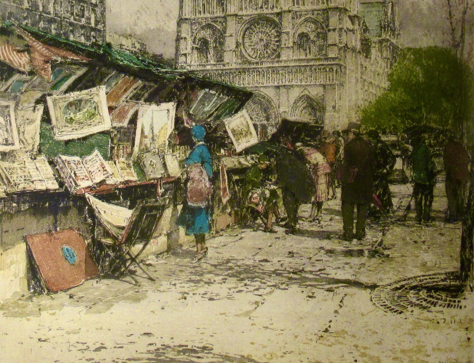 Les bouquinistes, with Notre Dame de Paris - Brown Figurative Print by Luigi Kasimir