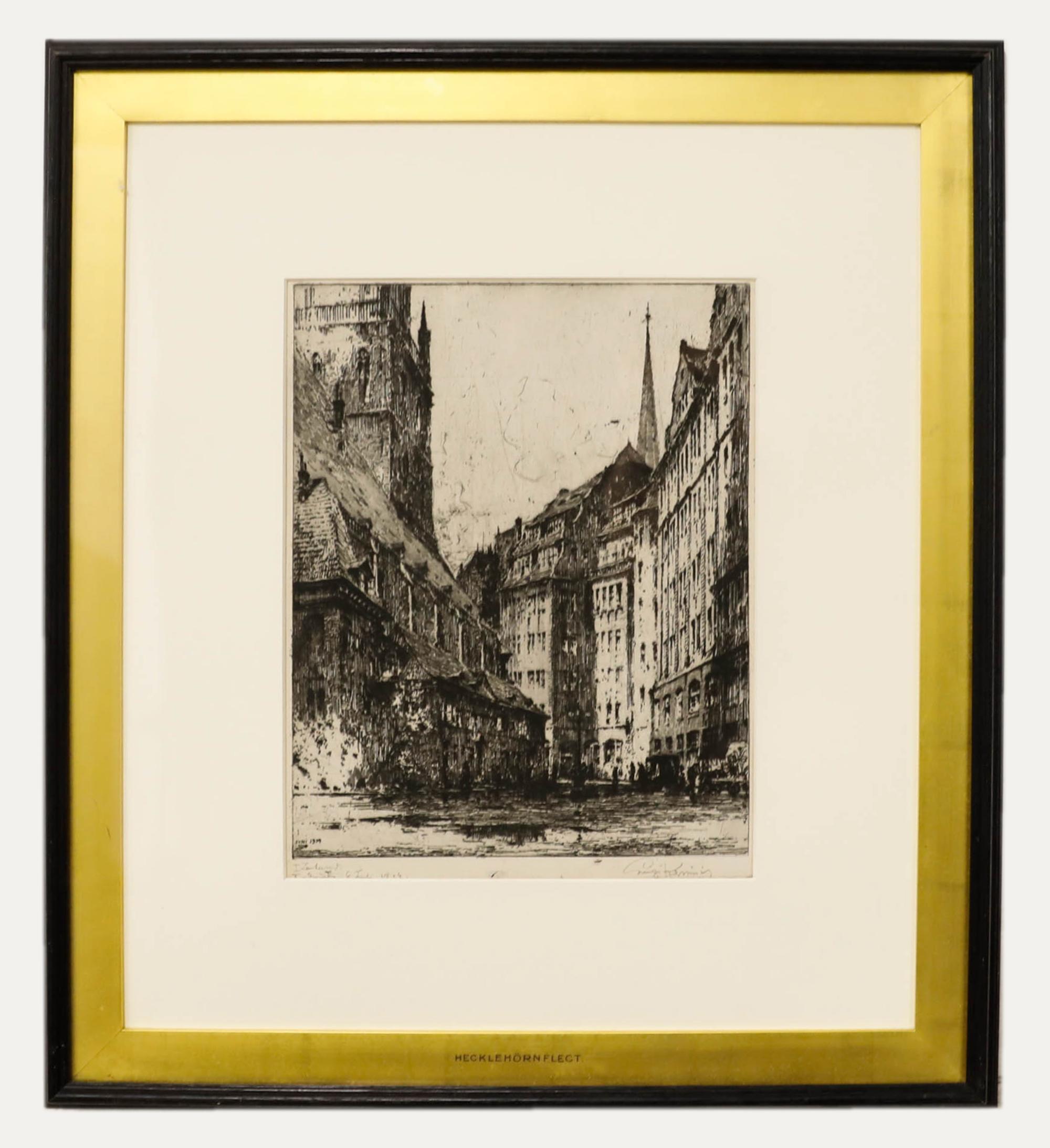 Grabado original del reputado grabador austrohúngaro Luigi Kasimir (1881-1962). Firmado e inscrito en el margen inferior. Fechada en 1914. Presentado en un marco negro con deslizamiento interior dorado. Sobre el papel.