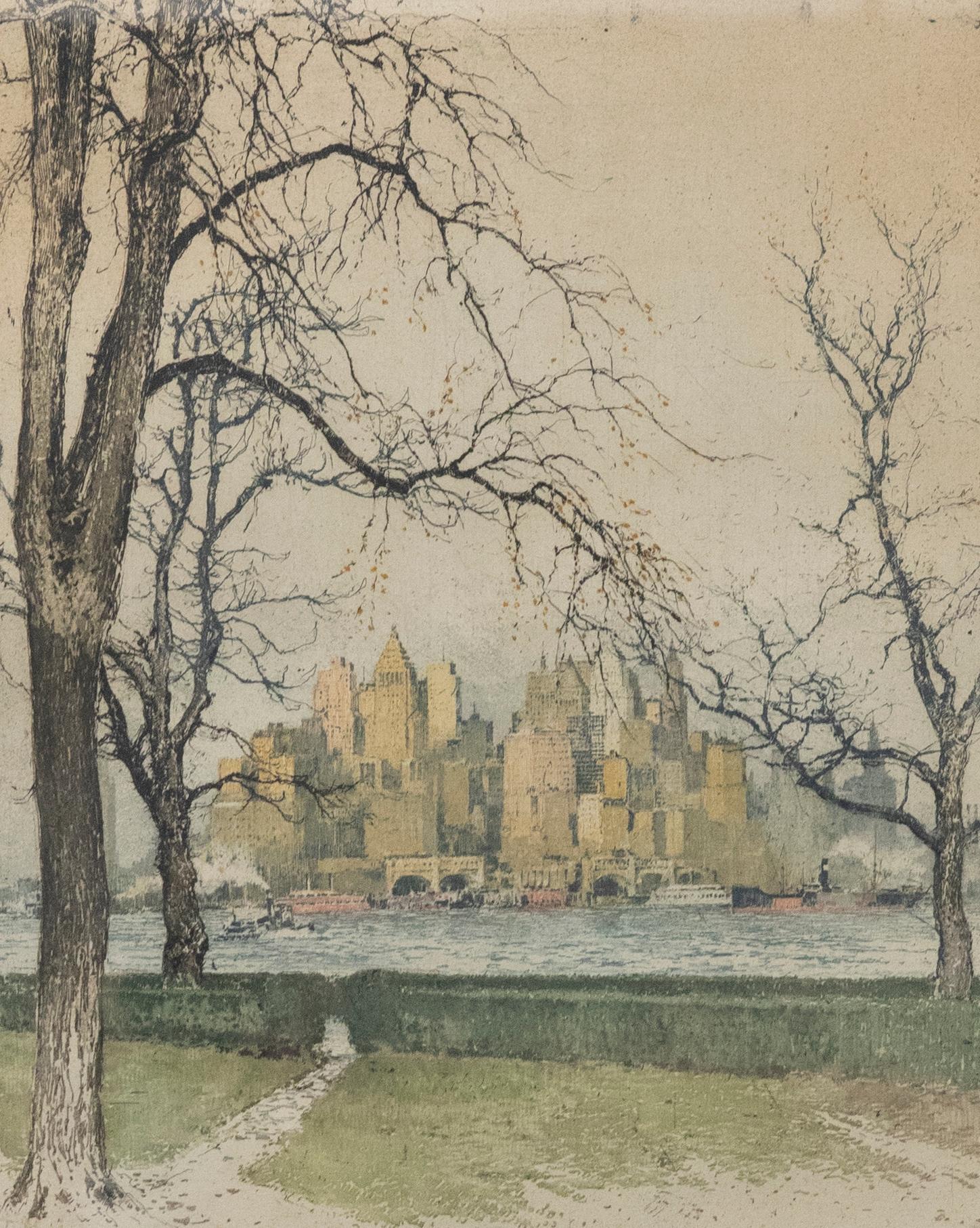 Luigi Kasimir (1881-1962) - Gravure encadrée, New York depuis Governor Island en vente 1