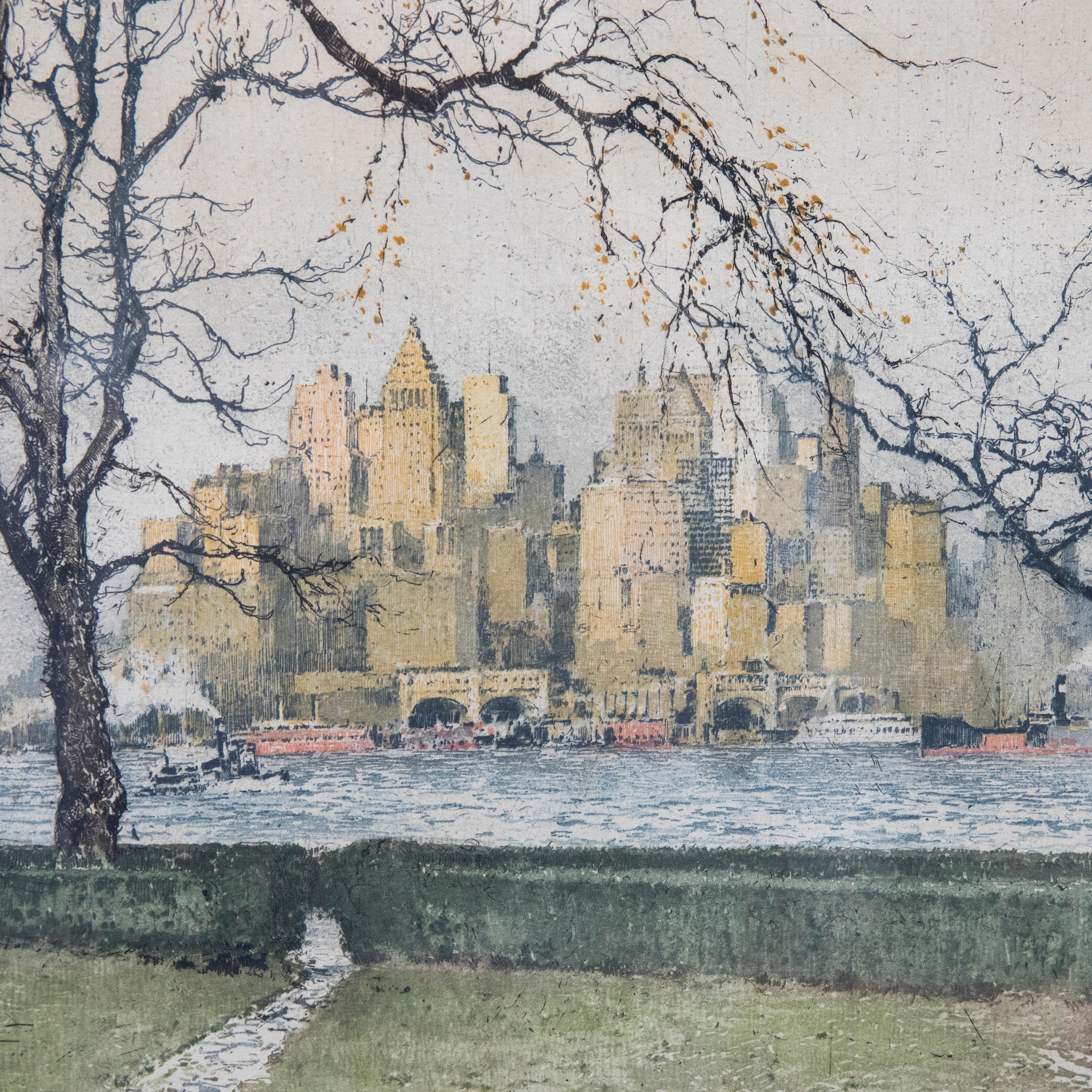 Luigi Kasimir (1881-1962) - Framed Etching, New York from Governor Island For Sale 1