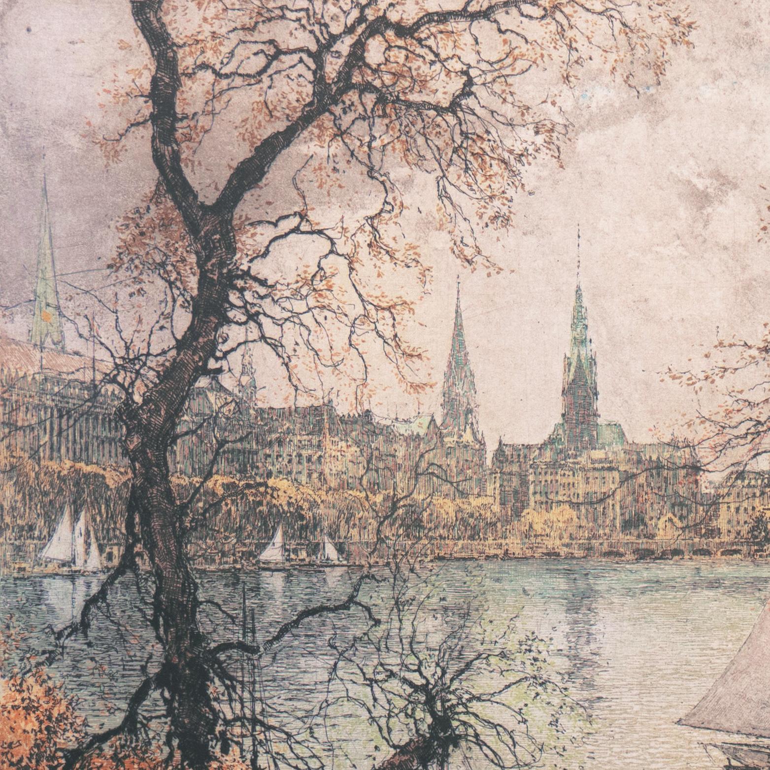 'On the Lake', Vienna Academy of Art, Metropolitan Museum, Smithsonian - Beige Landscape Print by Luigi Kasimir