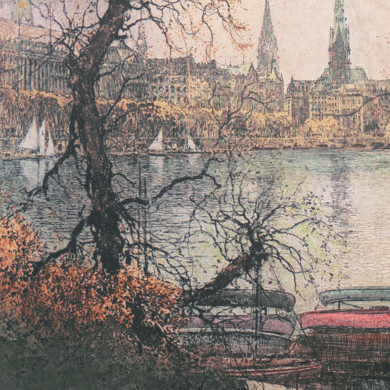 'On the Lake', Vienna Academy of Art, Metropolitan Museum, Smithsonian - Beige Landscape Print by Luigi Kasimir