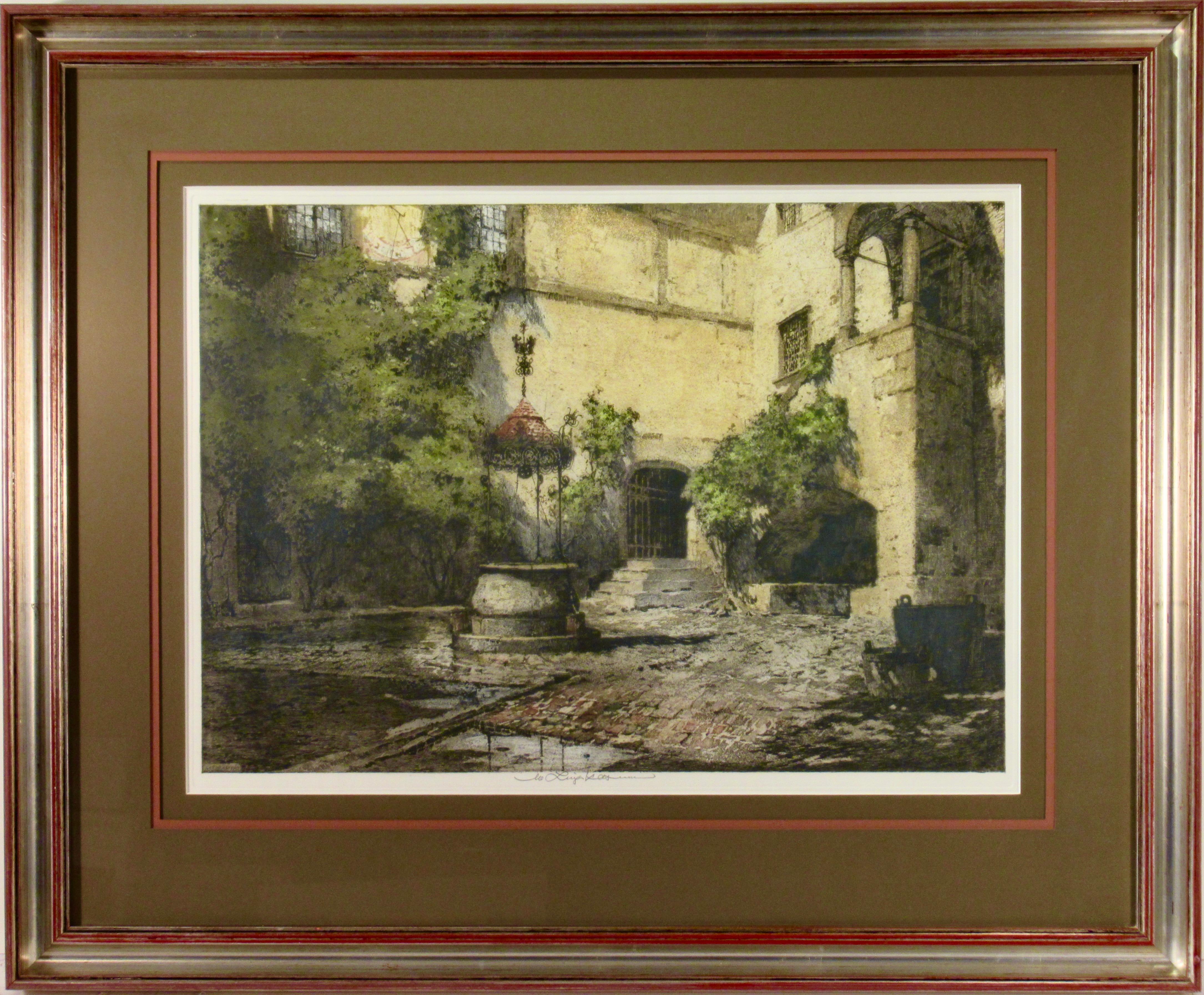 Luigi Kasimir Figurative Print - Seebenstein Castle Courtyard, Austria, large color etching