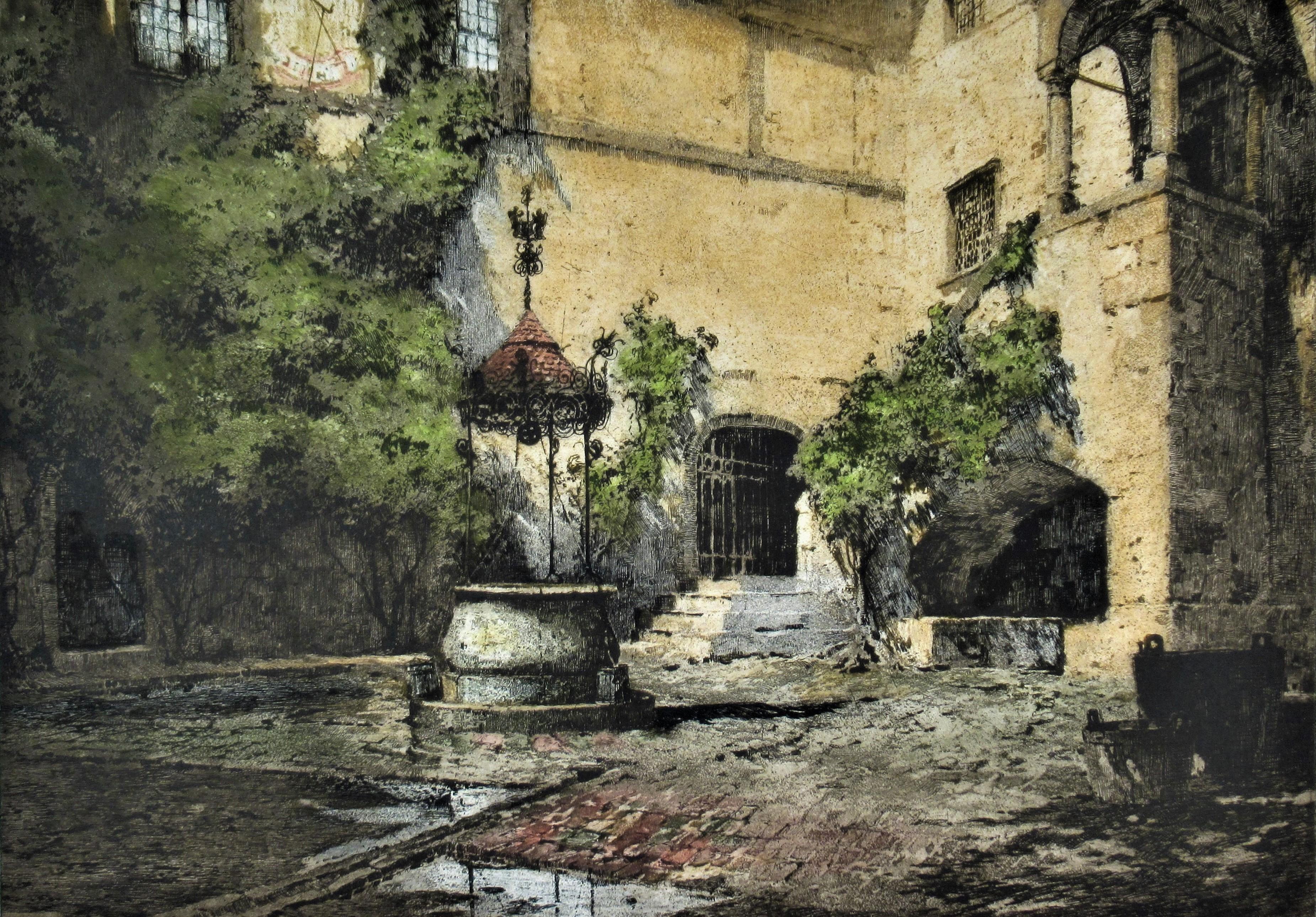 Seebenstein Castle Courtyard, Austria, large color etching - Print by Luigi Kasimir
