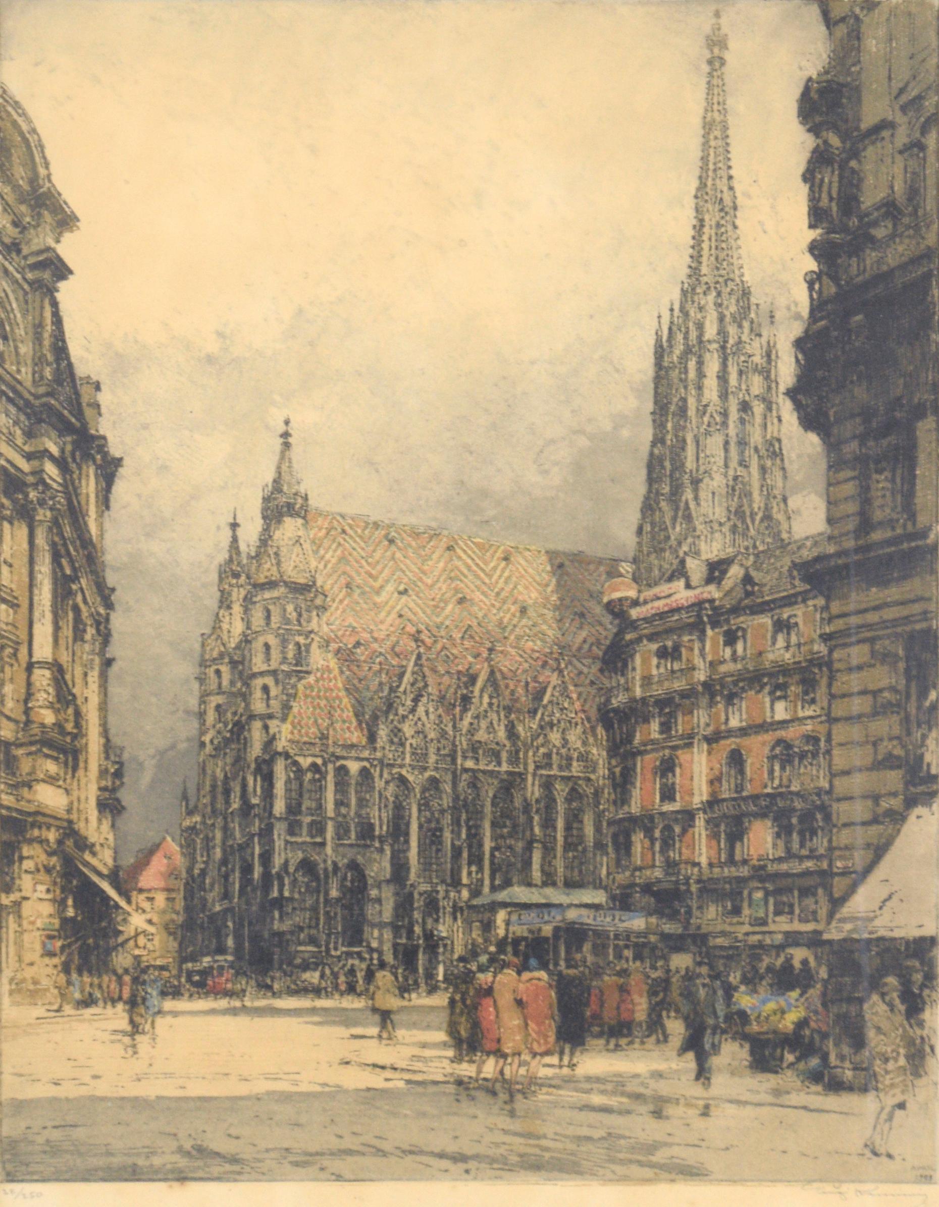 La cathédrale de St. Stephen à Vienne - Lithographie de paysage urbain colorée à la main - Print de Luigi Kasimir