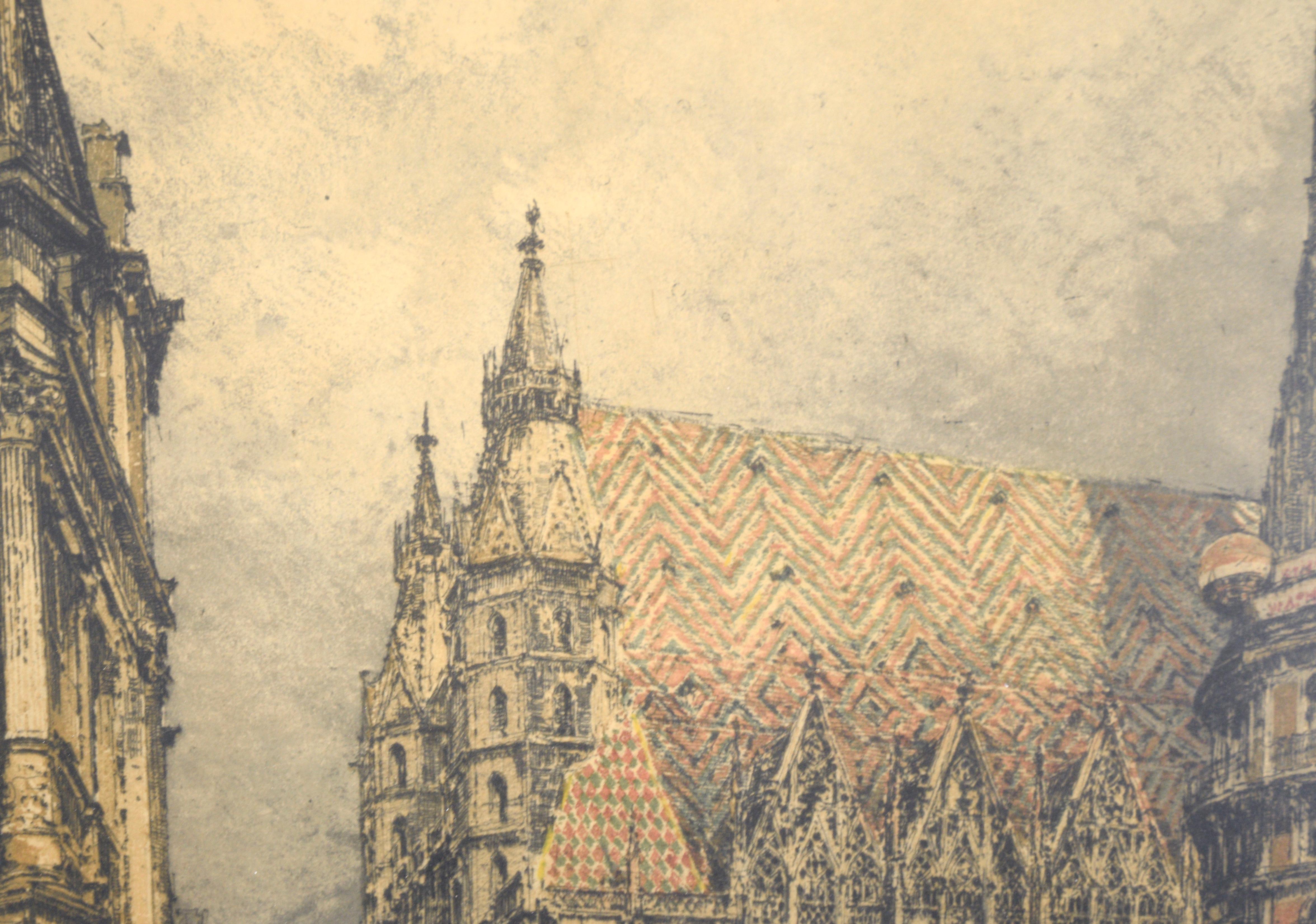 La cathédrale de St. Stephen à Vienne - Lithographie de paysage urbain colorée à la main - Beige Landscape Print par Luigi Kasimir