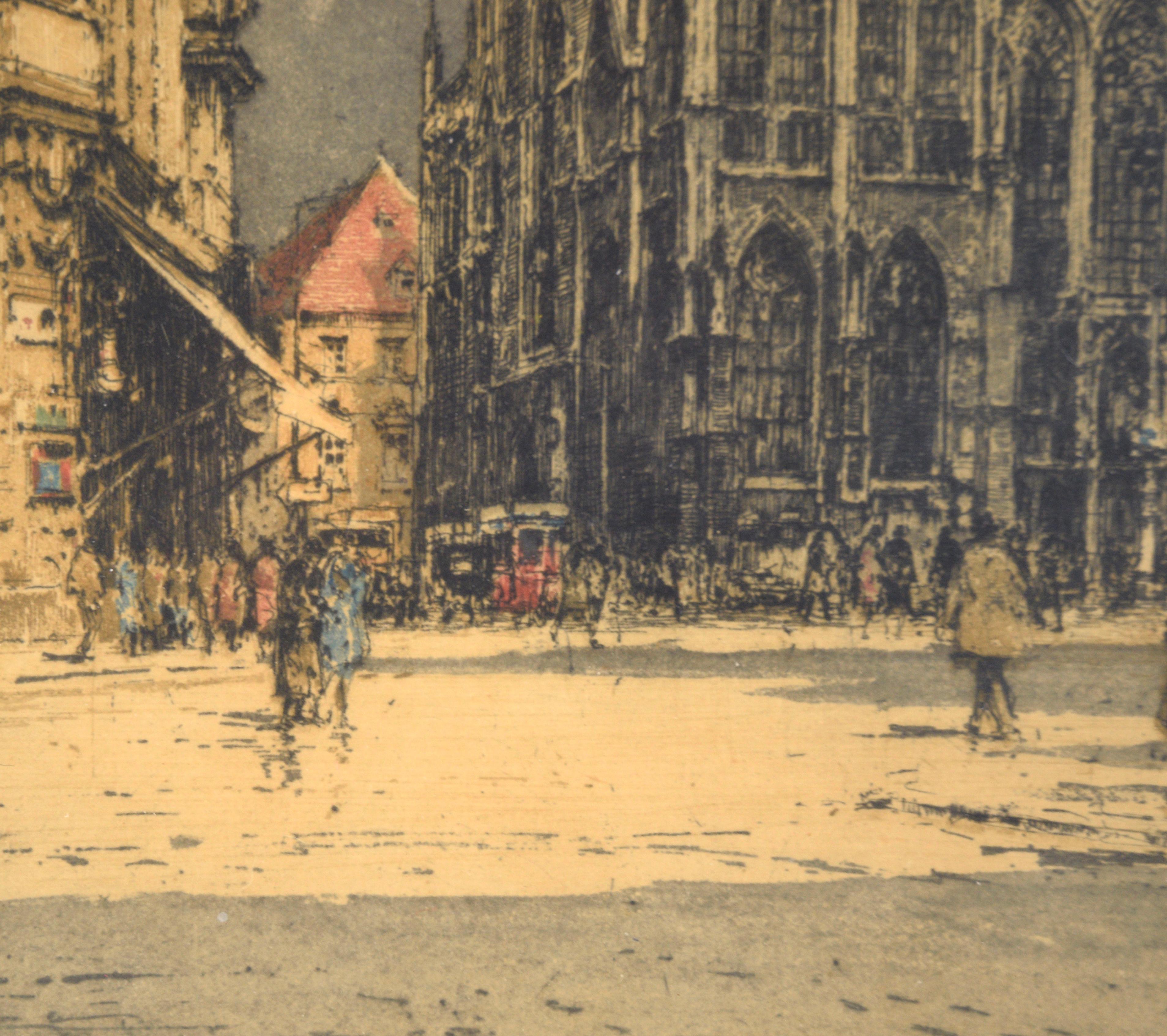 Catedral de San Esteban de Viena - Litografía coloreada a mano de un paisaje urbano en venta 1