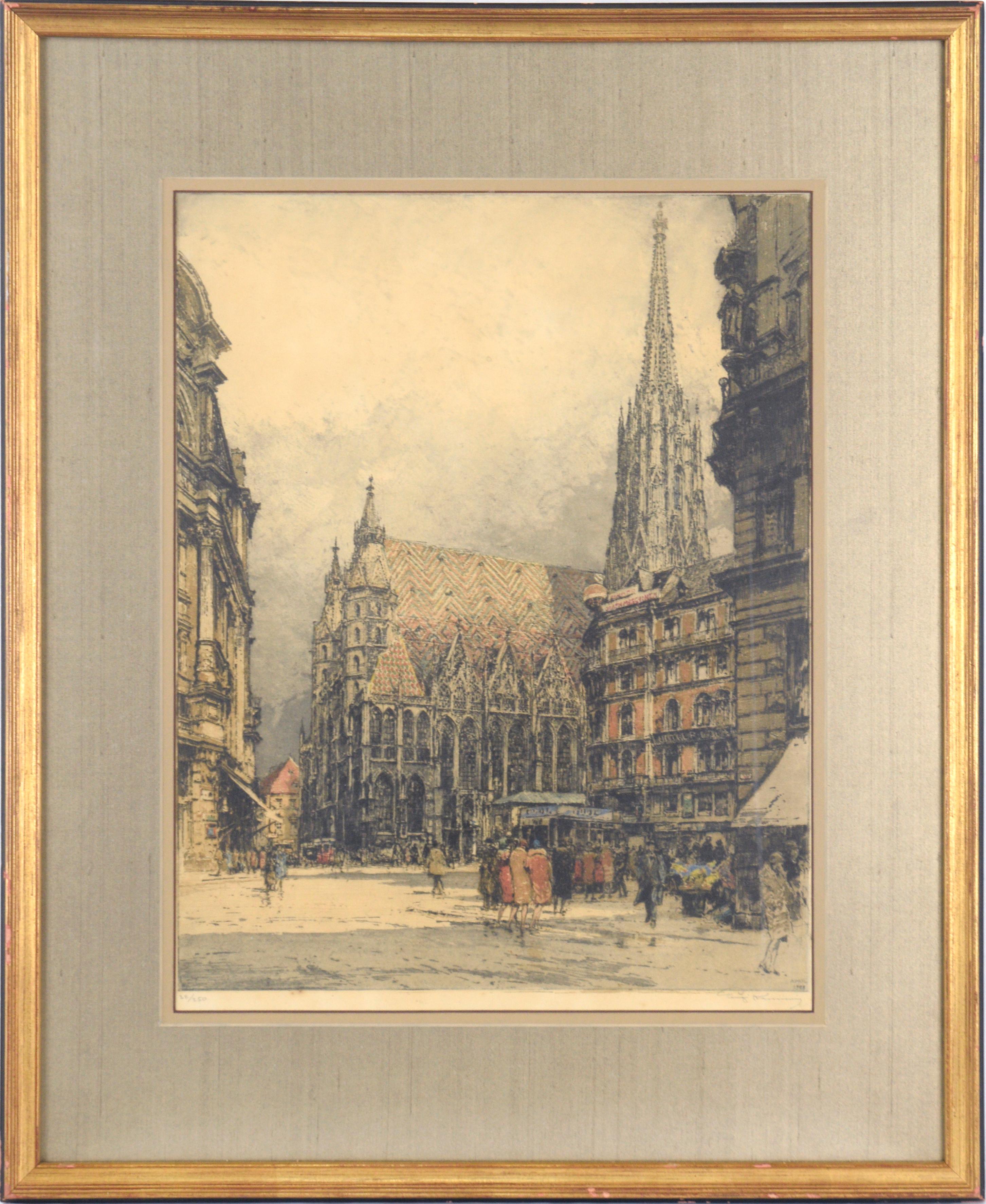 St. Stephen's Cathedral in Vienna - Hand Colored Cityscape Lithograph