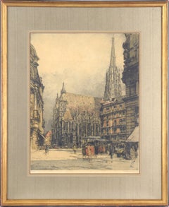 Antique St. Stephen's Cathedral in Vienna - Hand Colored Cityscape Lithograph