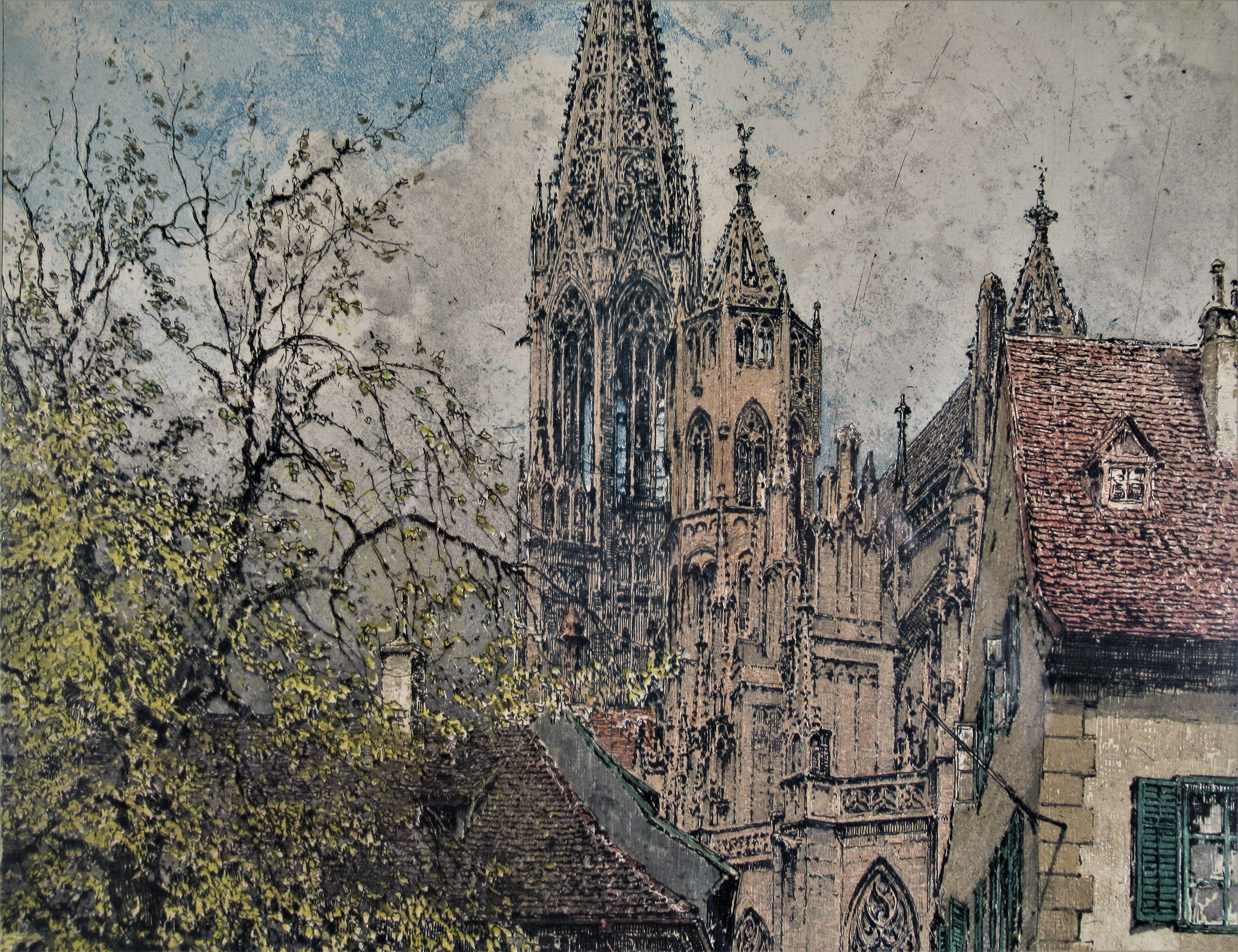 Straßenstraße mit Kirche (Realismus), Print, von Luigi Kasimir