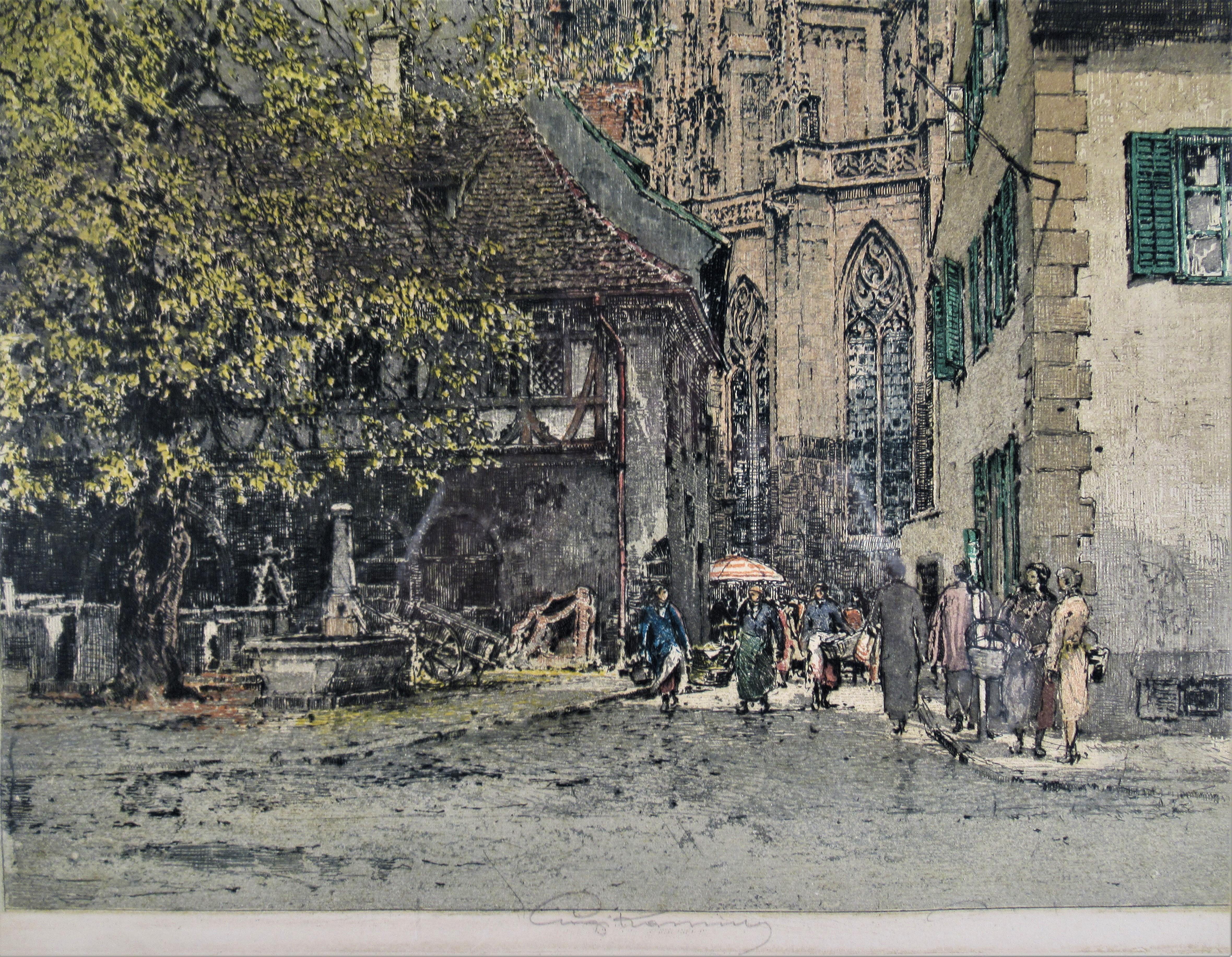 Straßenstraße mit Kirche (Grau), Figurative Print, von Luigi Kasimir