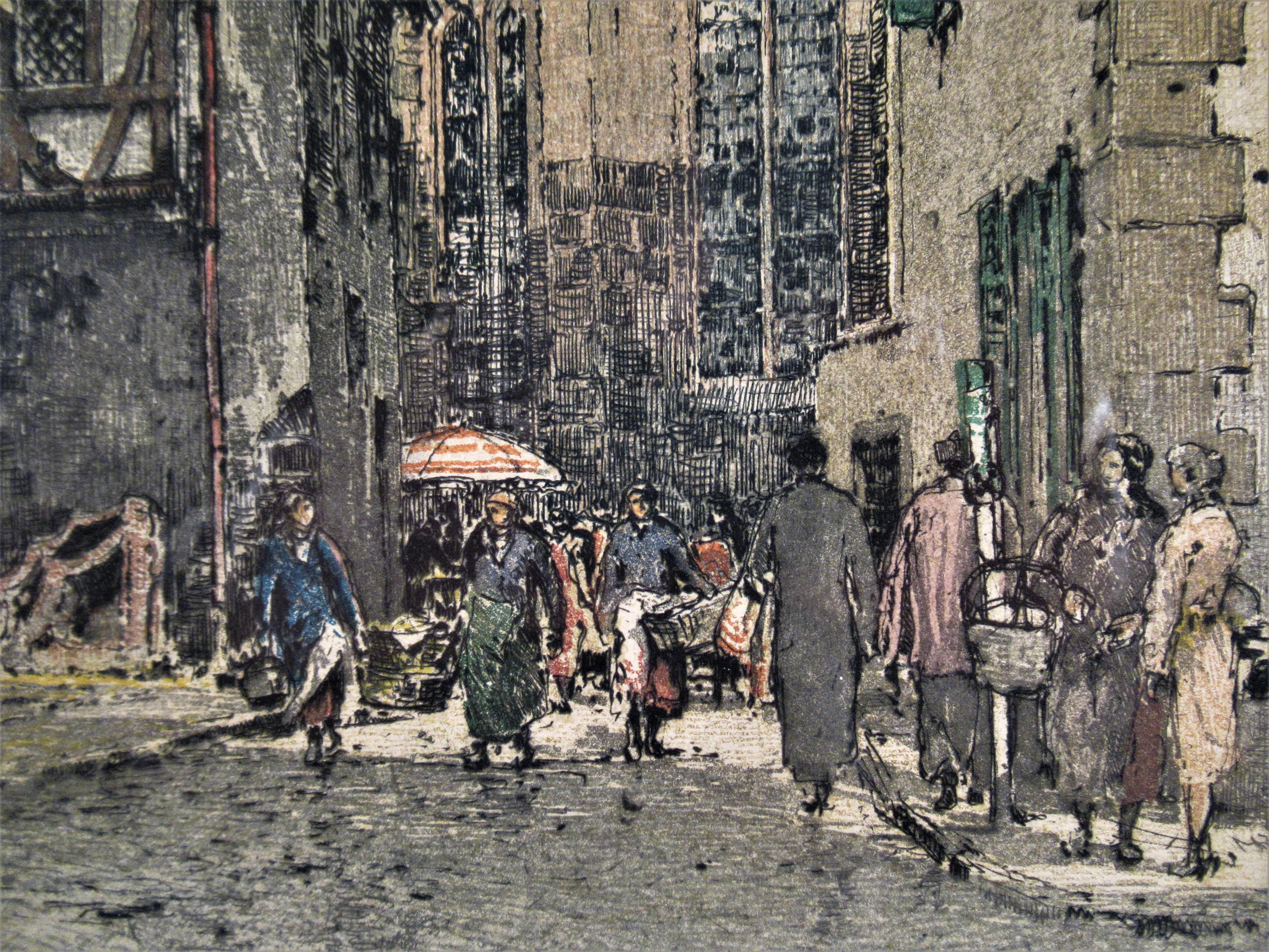 Street with Church - Gray Figurative Print by Luigi Kasimir