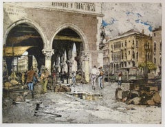 Venetian Market, Venice, Italy. Large colors etching.