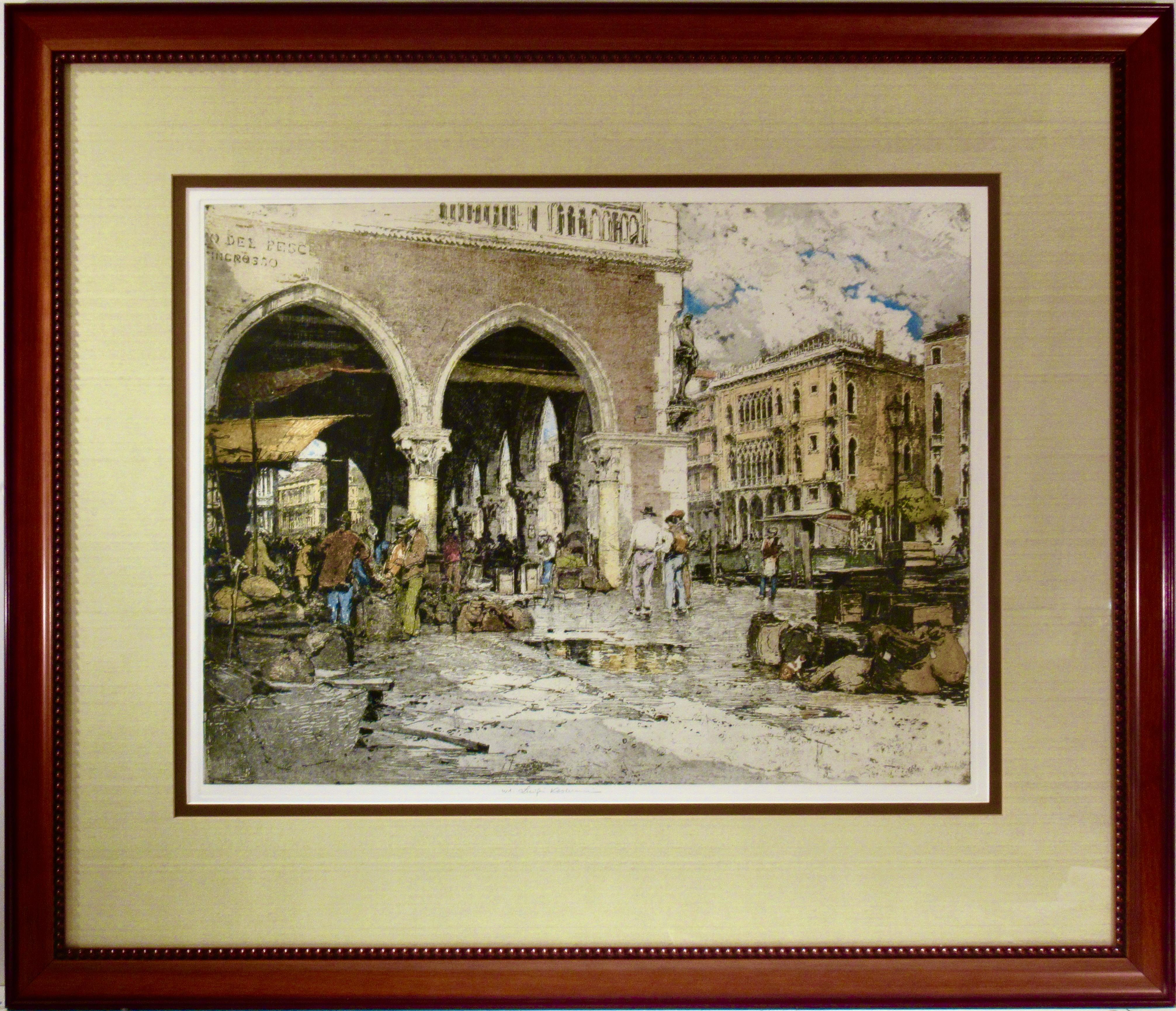 Figurative Print di Luigi Kasimir - Mercato veneziano, Venezia, Italia. Acquaforte a colori di grandi dimensioni.